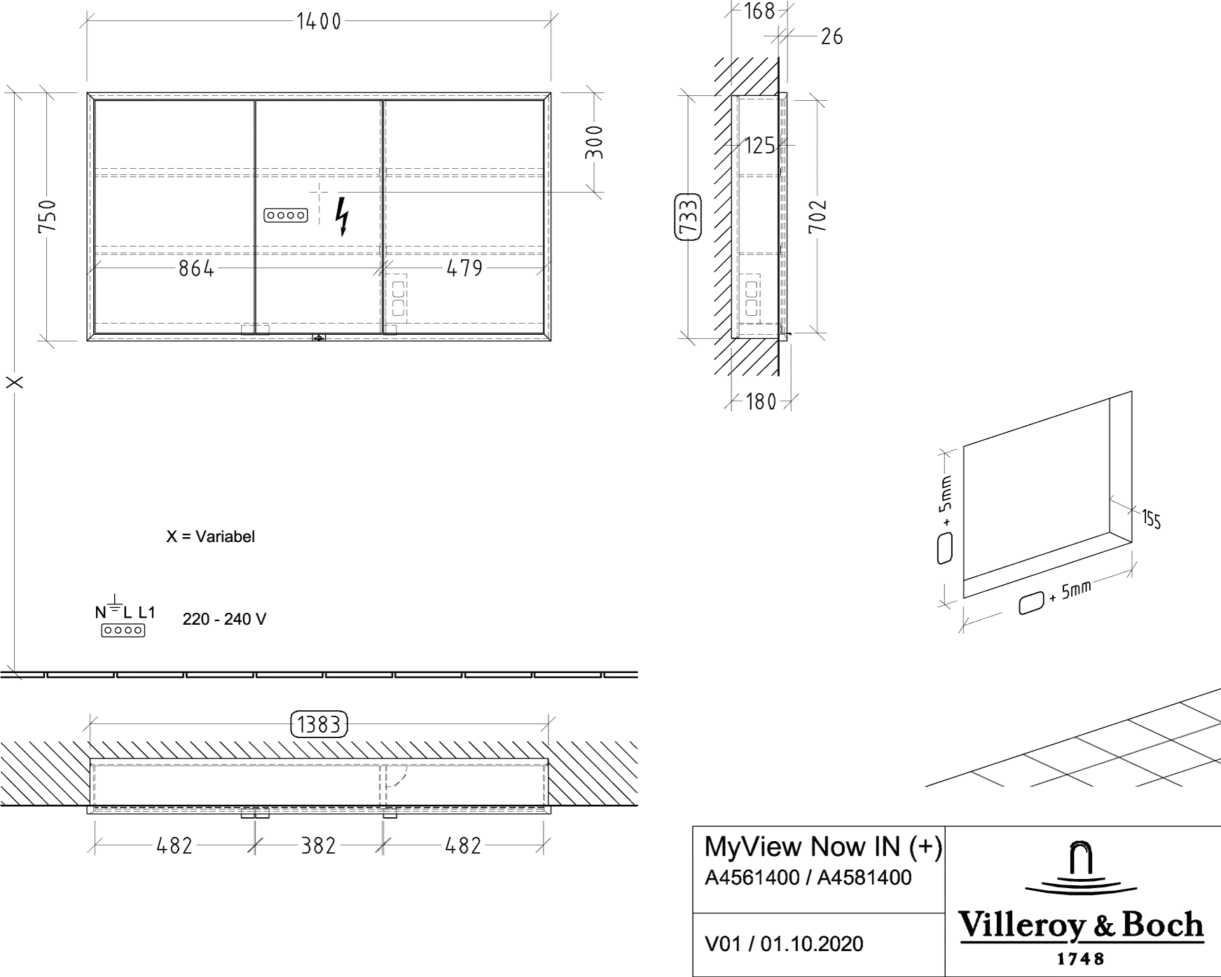 Villeroy & Boch Unterputz-Spiegelschrank „My View Now“ 140 × 75 × 16,8 × 16,8 cm