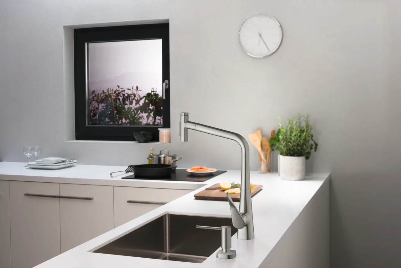 Hansgrohe Metris Select M71 Einhebel-Küchenmischer 320 mit Ausziehbrause 2jet, sBox, Edelstahl, Hahnlochbohrung 35 mm, max. Durchfluss 8 l/min