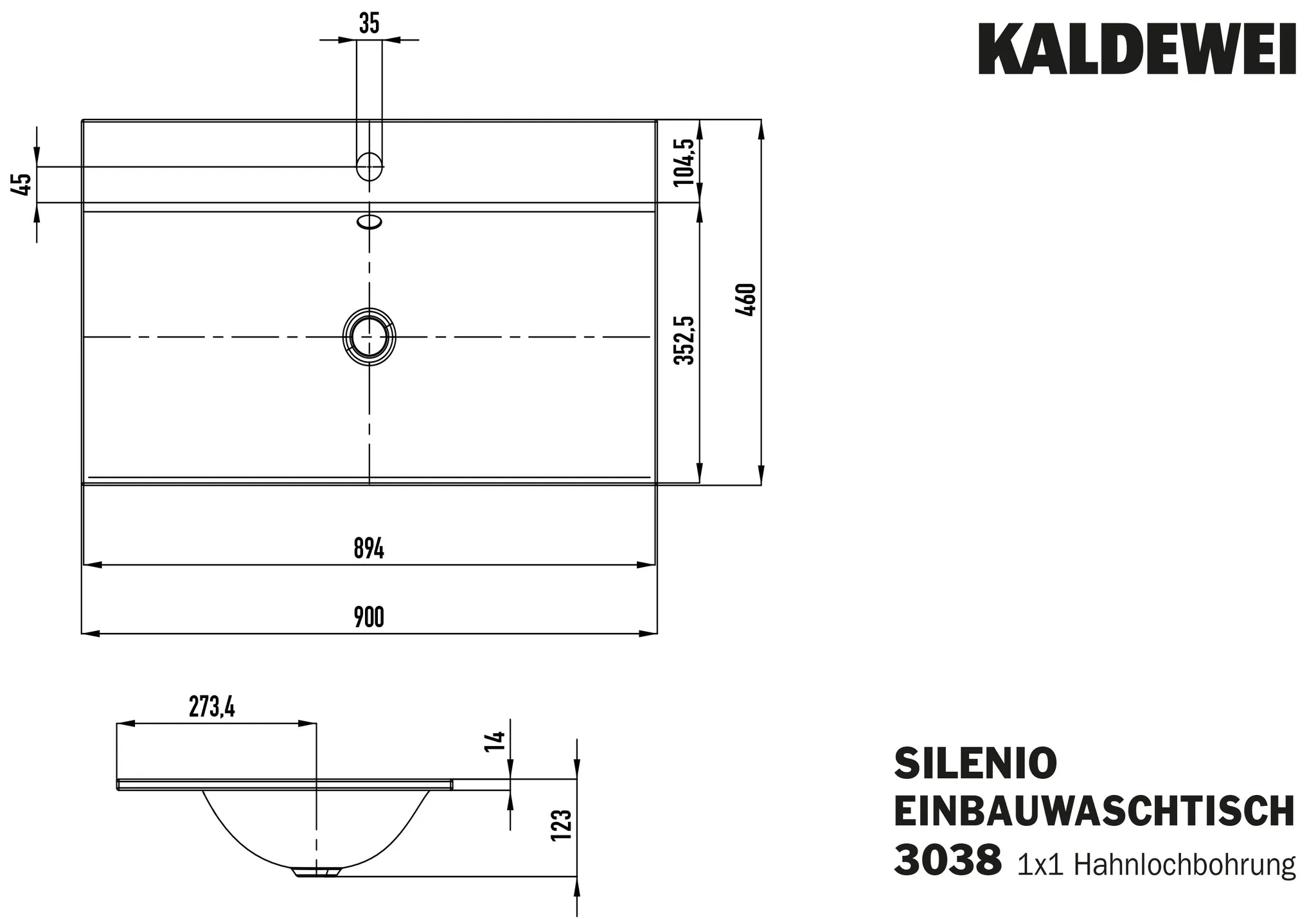 Einbauwaschtisch „Silenio“ 90 × 46 cm, ohne Hahnlochbohrung in cool grey 90