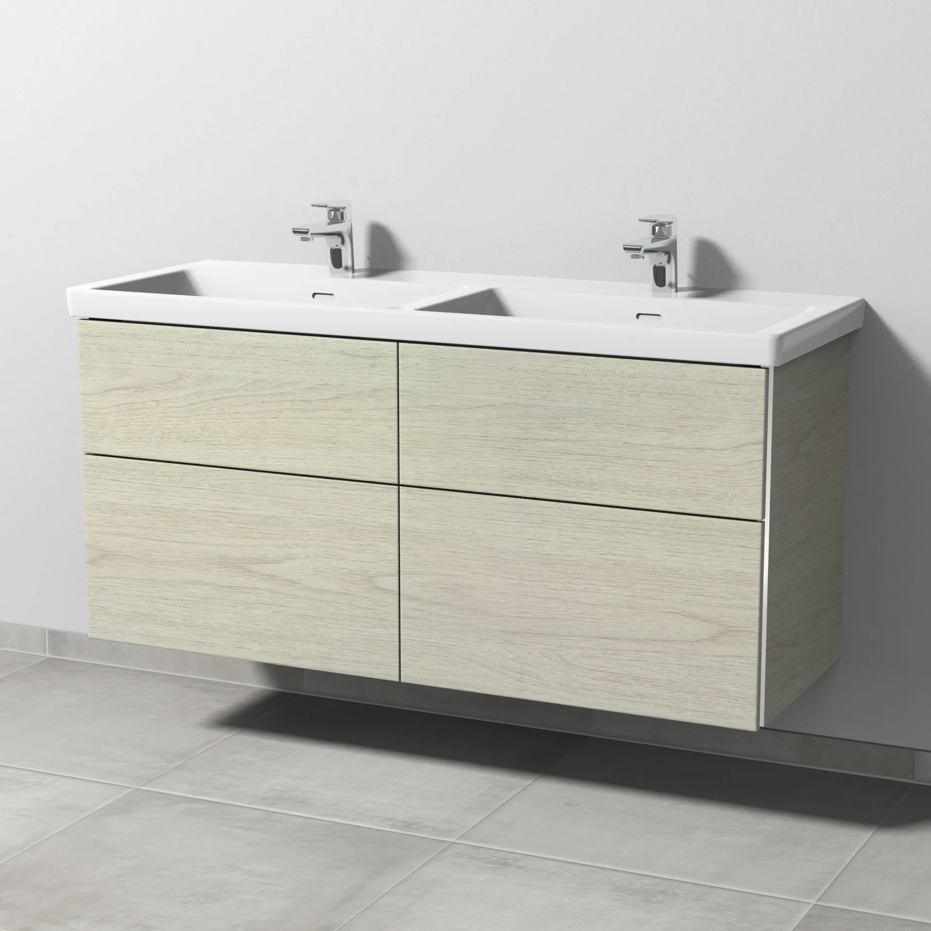 Sanipa Waschtischunterschrank „3way“ 1255 × 588 × 462 mm in White Oak, Becken links und rechts