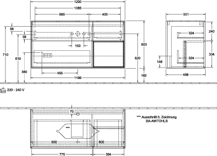 Villeroy & Boch Waschtischunterschrank „Finion“ für Schrankwaschtisch 120 × 60,3 × 50,1 cm 3 Schubladen, für Waschtischposition mittig, inkl. Beleuchtung mittig