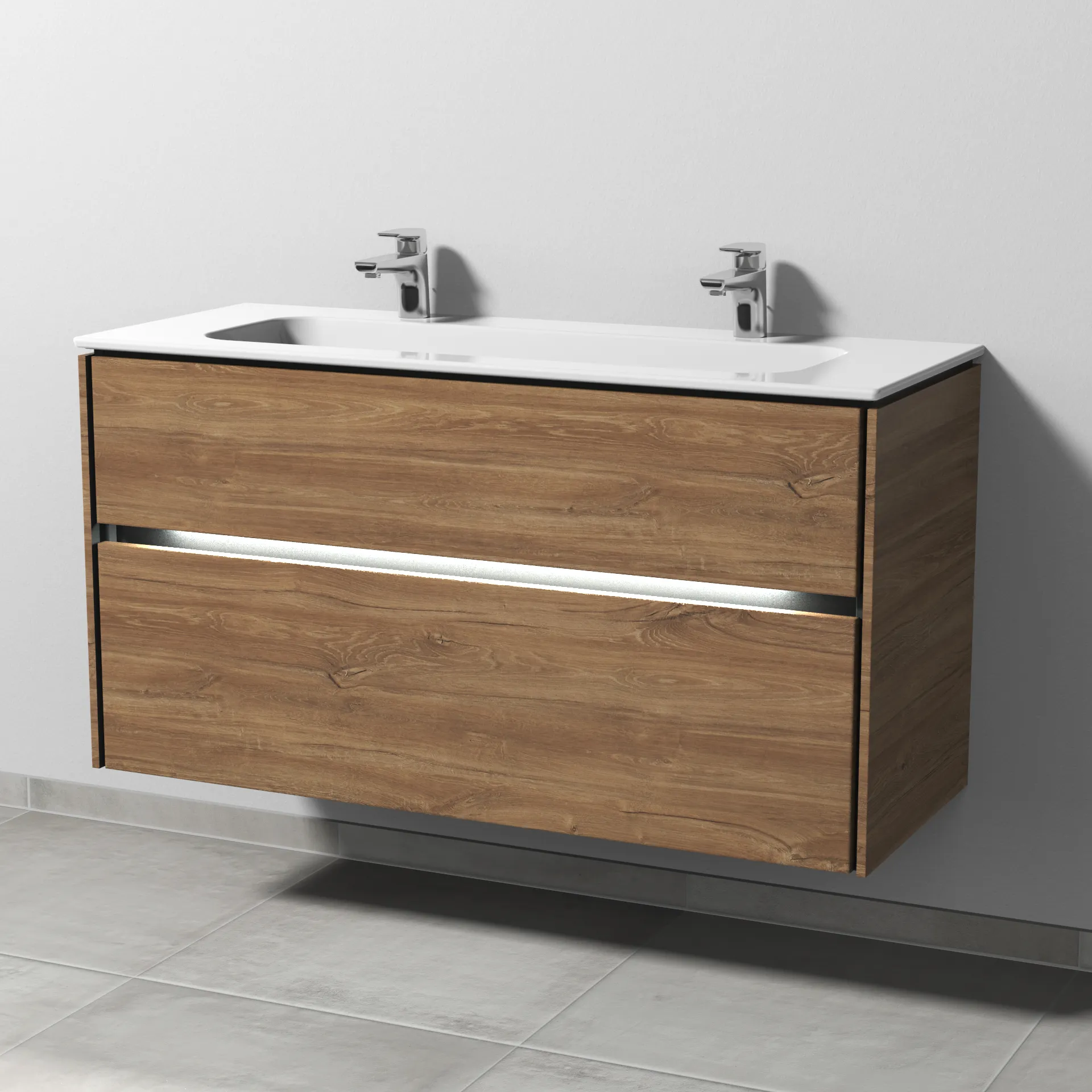 Keramik-Waschtisch-Set mit Waschtischunterschrank „Twiga“ 119 × 46 × 61 cm in Eiche Kansas, mit Hahnlochbohrung, mit Beleuchtung