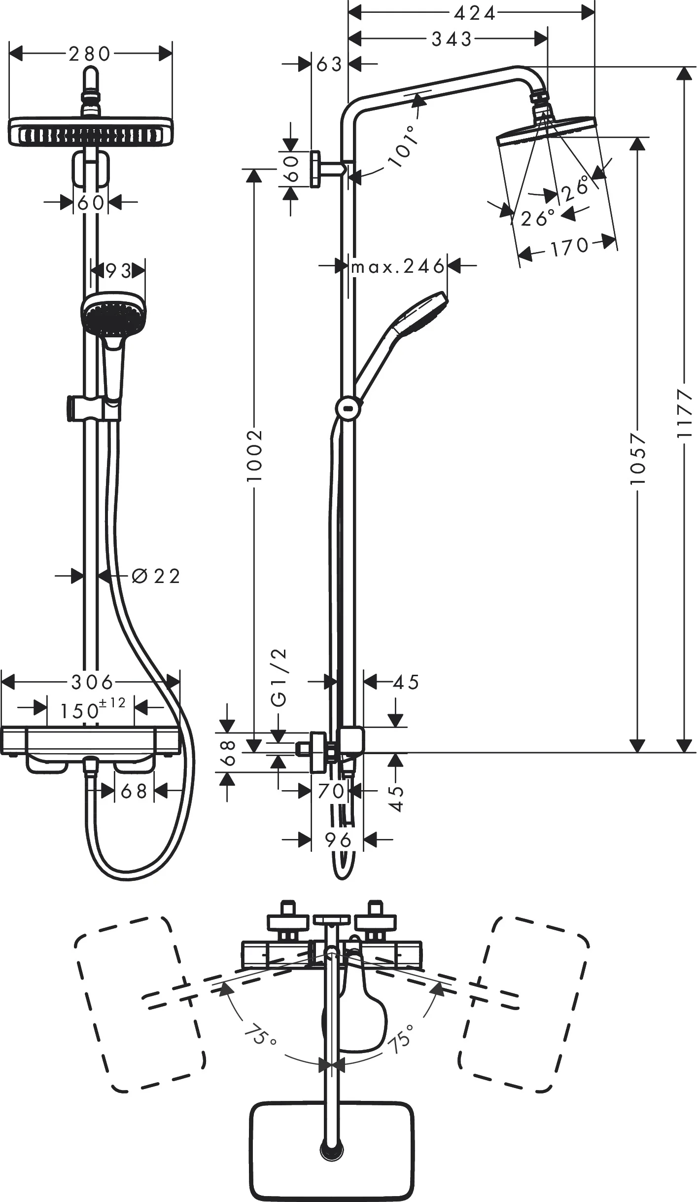 Hansgrohe Croma E Showerpipe EcoSmart, Chrom, 1 Strahl, 9 l/min, Thermostat, Aufputzinstallation