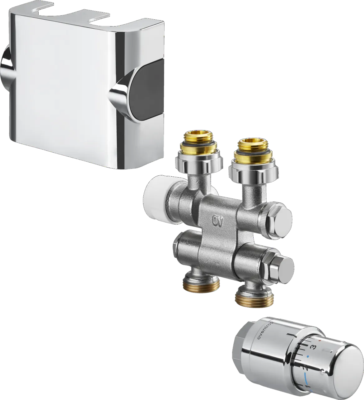 Oventrop Anschluss-Set (50 mm) „Multiblock TFU“ mit Thermostat „Uni SH“ in chrom Oventrop Anschluss-Set (50 mm) „Multiblock TFU“ mit Thermostat „Uni SH“ in chrom