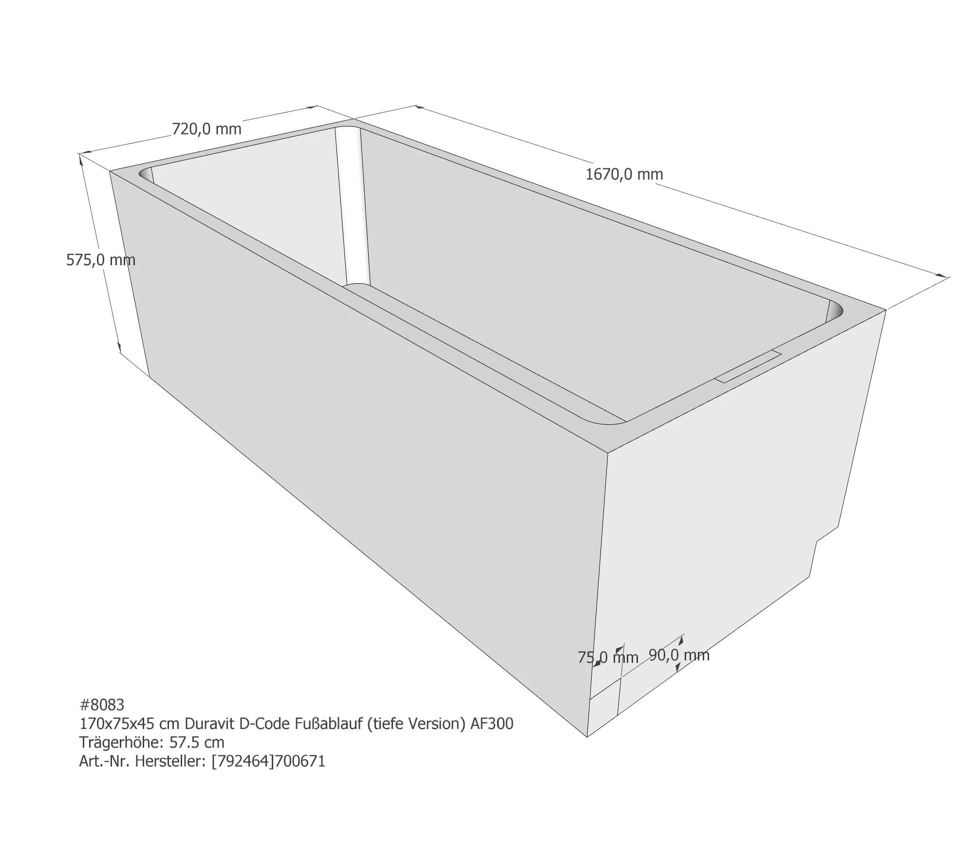 Badewannenträger passend für Duravit D-Code 170 × 75 × 40 cm