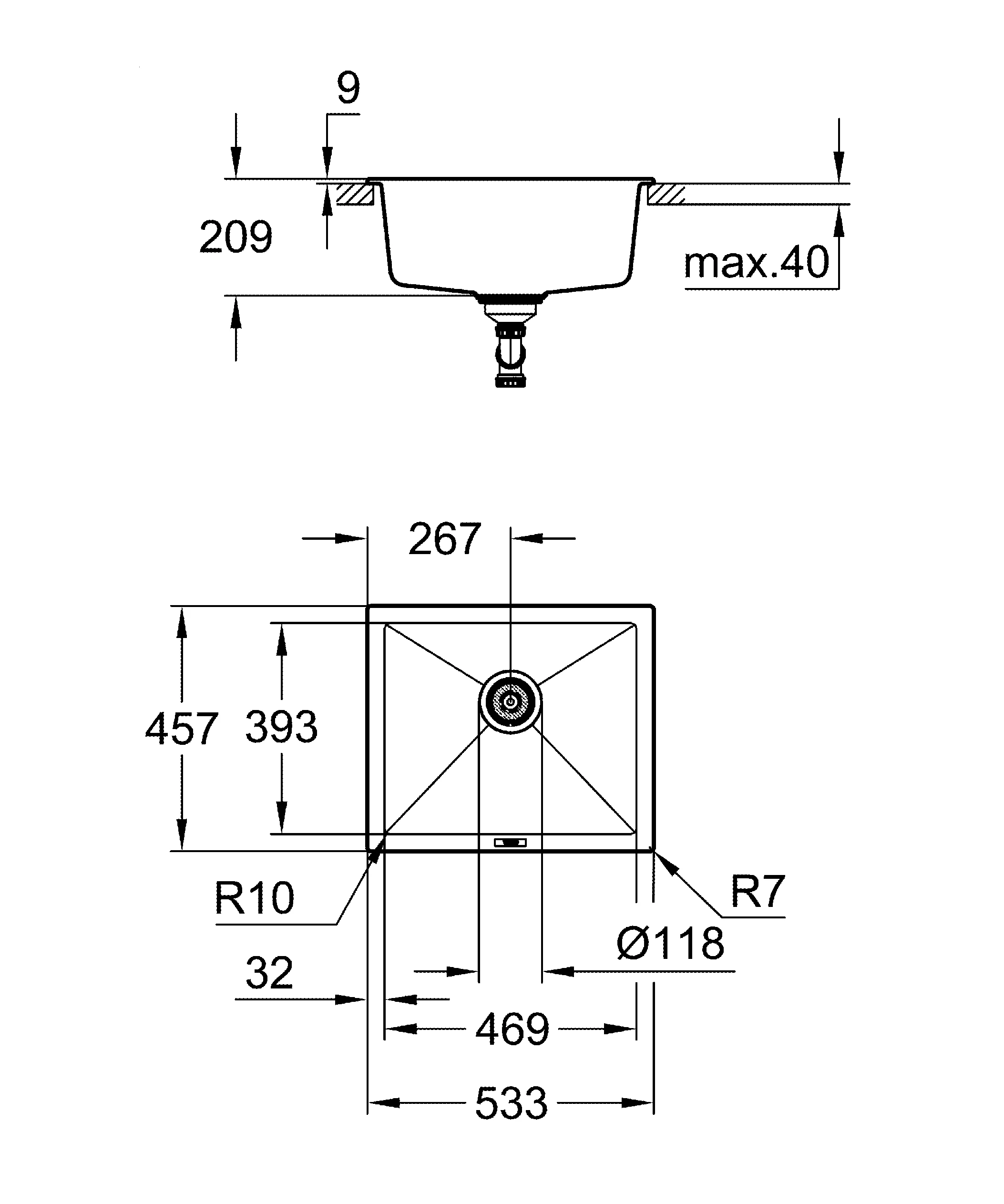 Kompositspüle K700 Unterbau 31654, Modell: K700U 60-C 53,3/45,7 1.0, Montageart: Standard-Einbau und Unterbau, Maße: 533 x 457 mm, 1 Becken: 469 x 393 x 205 mm, granit schwarz