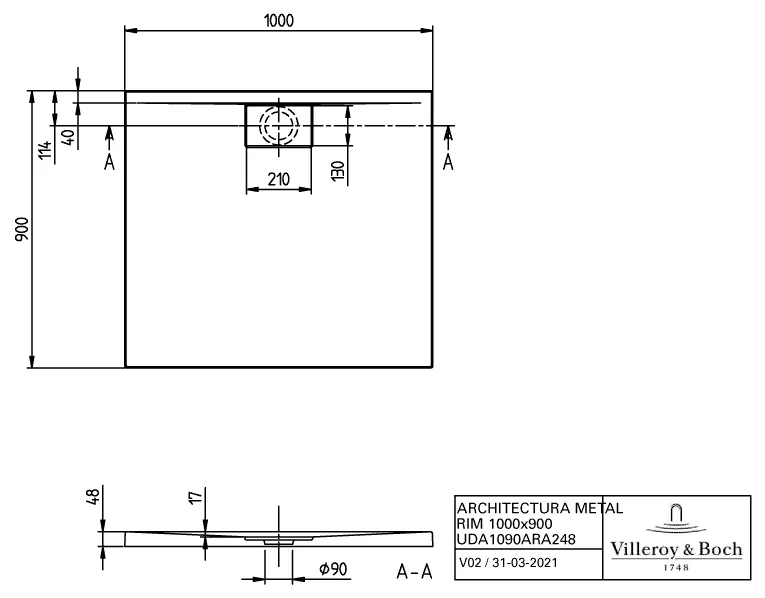 Villeroy & Boch rechteck Duschwanne „Architectura MetalRim“ 100 × 90 cm ohne Oberflächenbeschichtung, in Weiß Alpin Villeroy & Boch rechteck Duschwanne „Architectura MetalRim“ 100 × 90 cm ohne Oberflächenbeschichtung, in Weiß Alpin