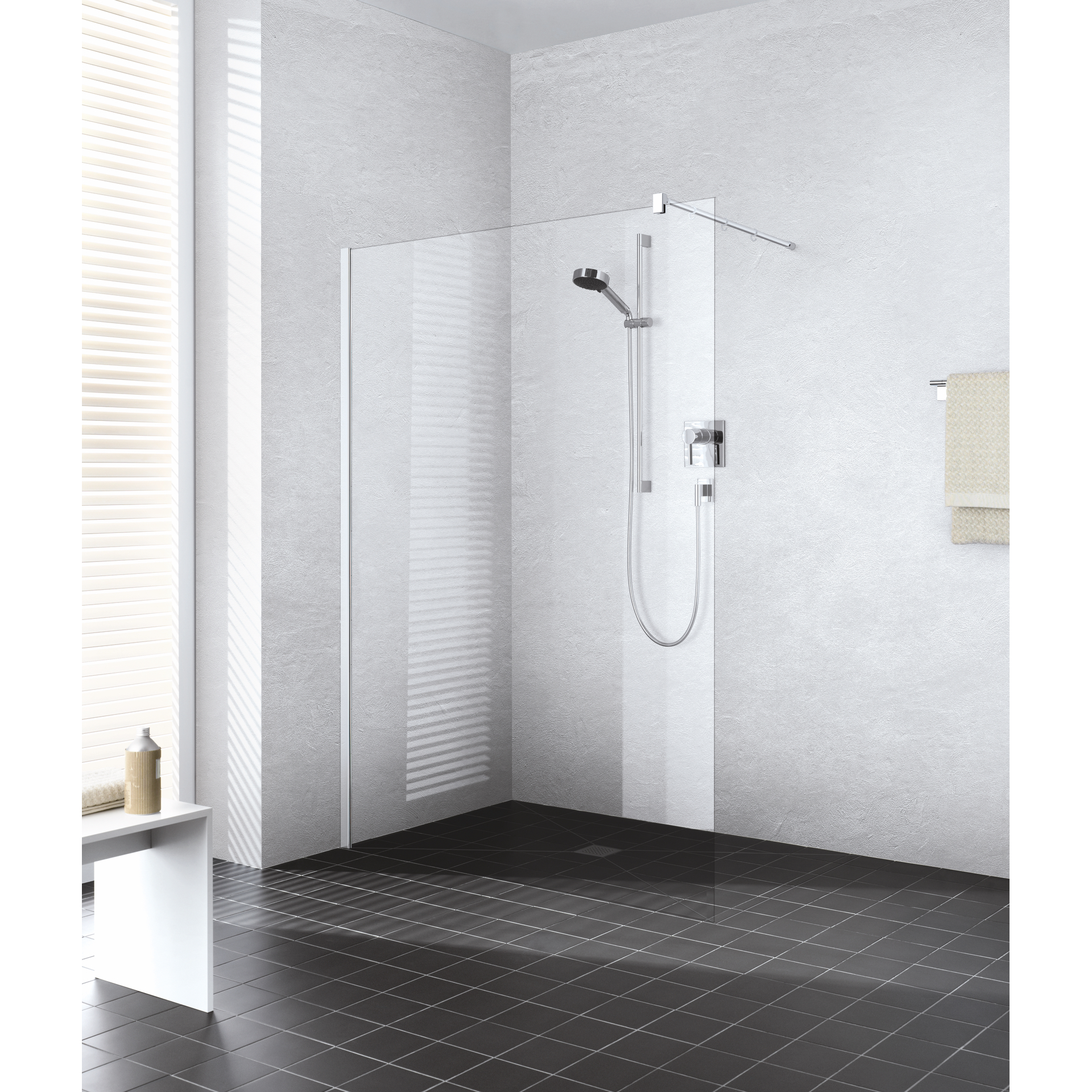 Kermi Duschdesign Walk-In-Duschkabine „WALK-IN XB“ Glas Klar Dekor Stripe 4, Profile Silber Hochglanz, BV: 1580 - 1600 mm WE: 1585 - 1605 mm H: 2000 mm