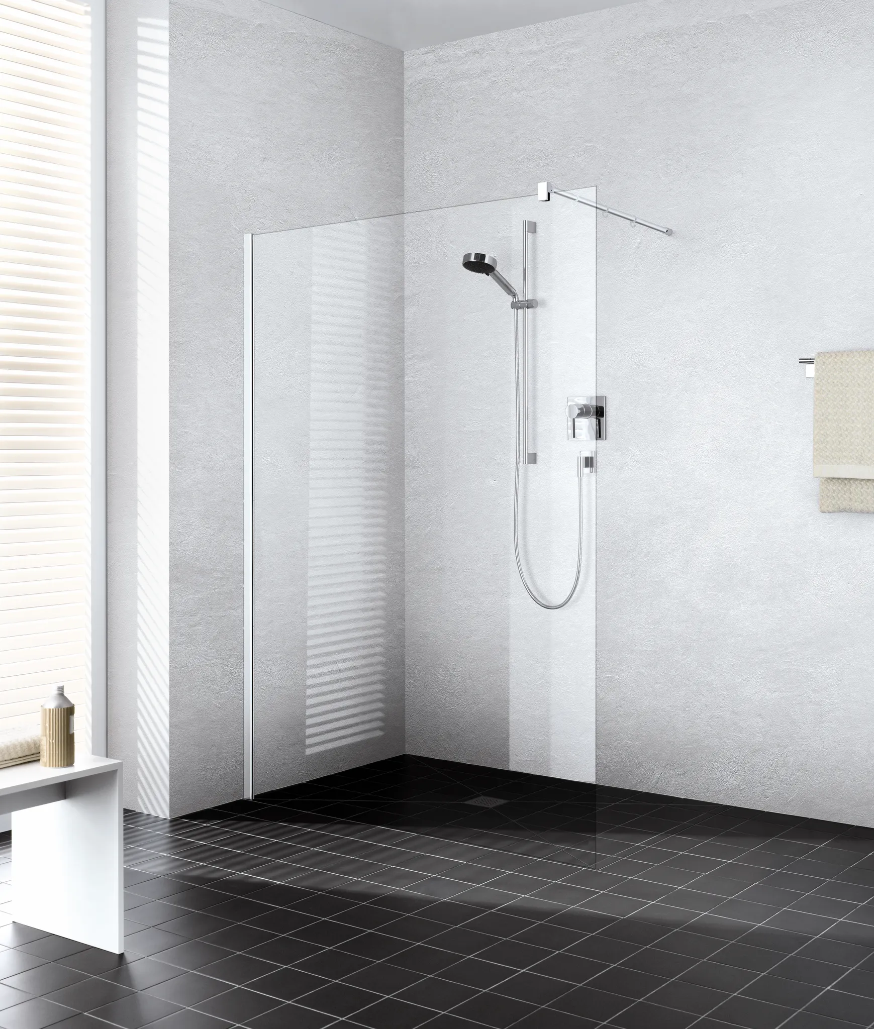 Kermi Duschdesign Walk-In-Duschkabine „WALK-IN XB“ Glas Klar Dekor Stripe 2, Profile Silber Hochglanz, BV: 880 - 900 mm WE: 885 - 905 mm H: 2000 mm