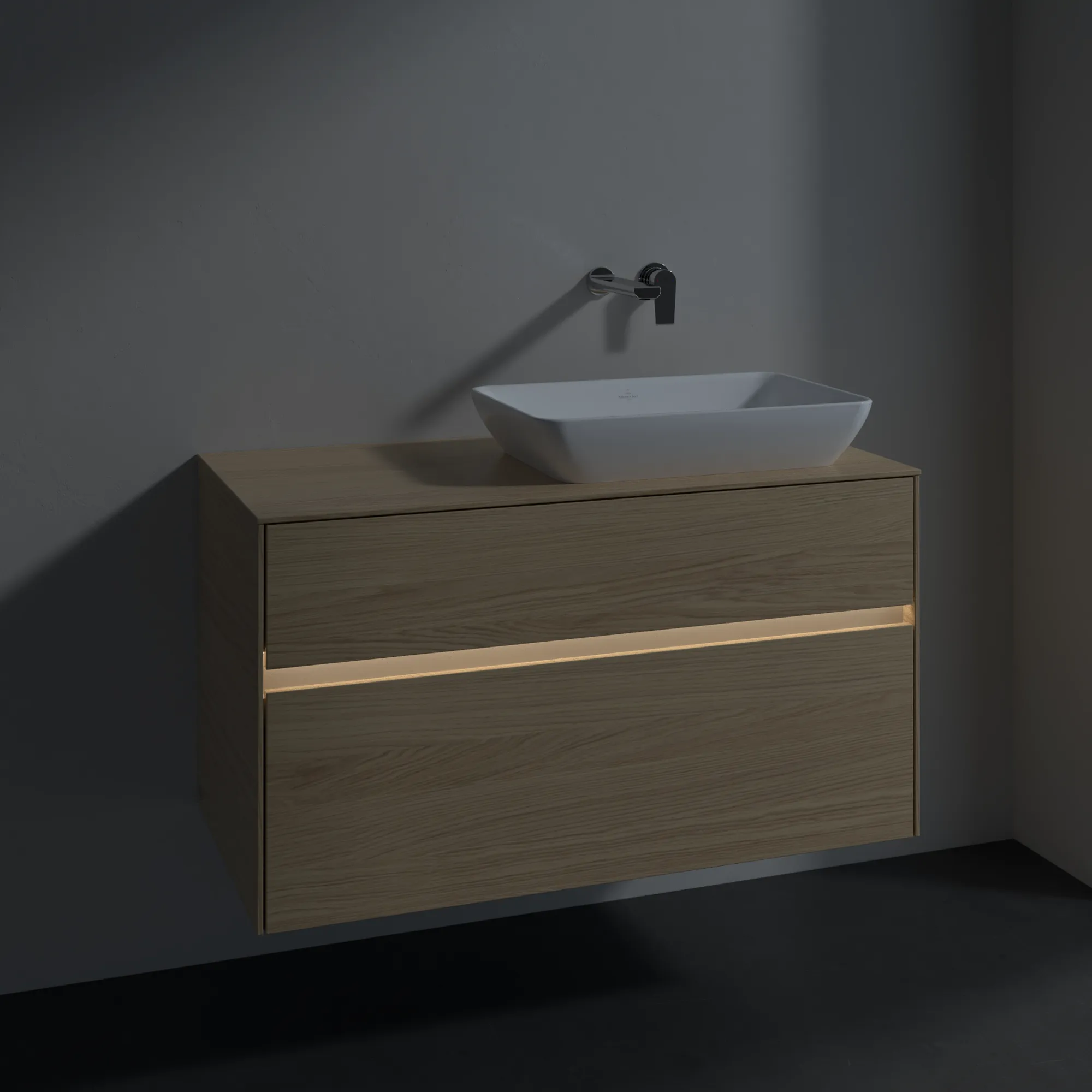 Villeroy & Boch Waschtischunterschrank „Collaro“ 1000 × 548 × 500 mm Nordic Oak, mit Beleuchtung, für Becken rechts