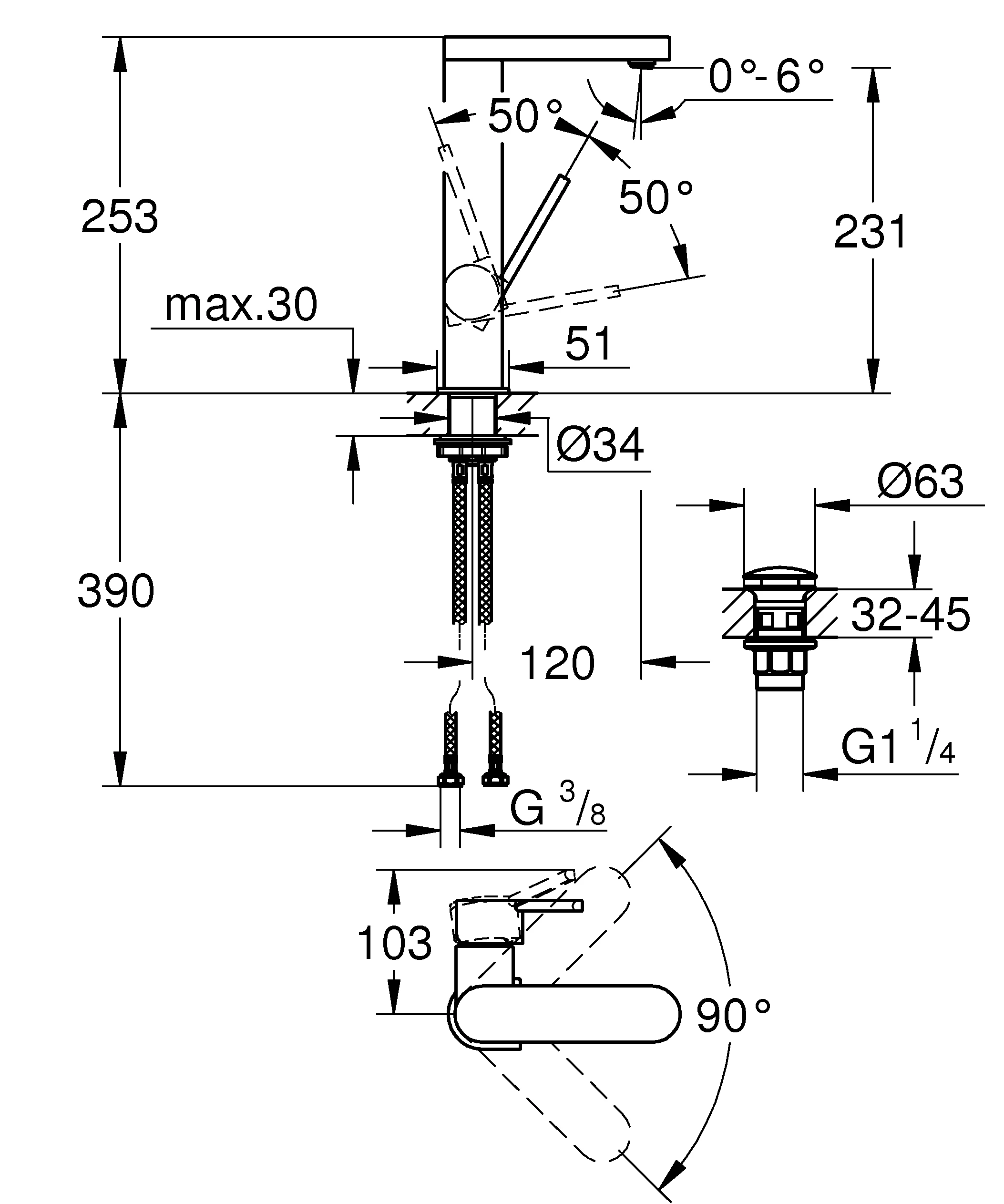 Einhand-Waschtischbatterie Plus 23873_3, L-Size, Einlochmontage, glatter Körper, Push-open Ablaufgarnitur 1 1/4″, chrom