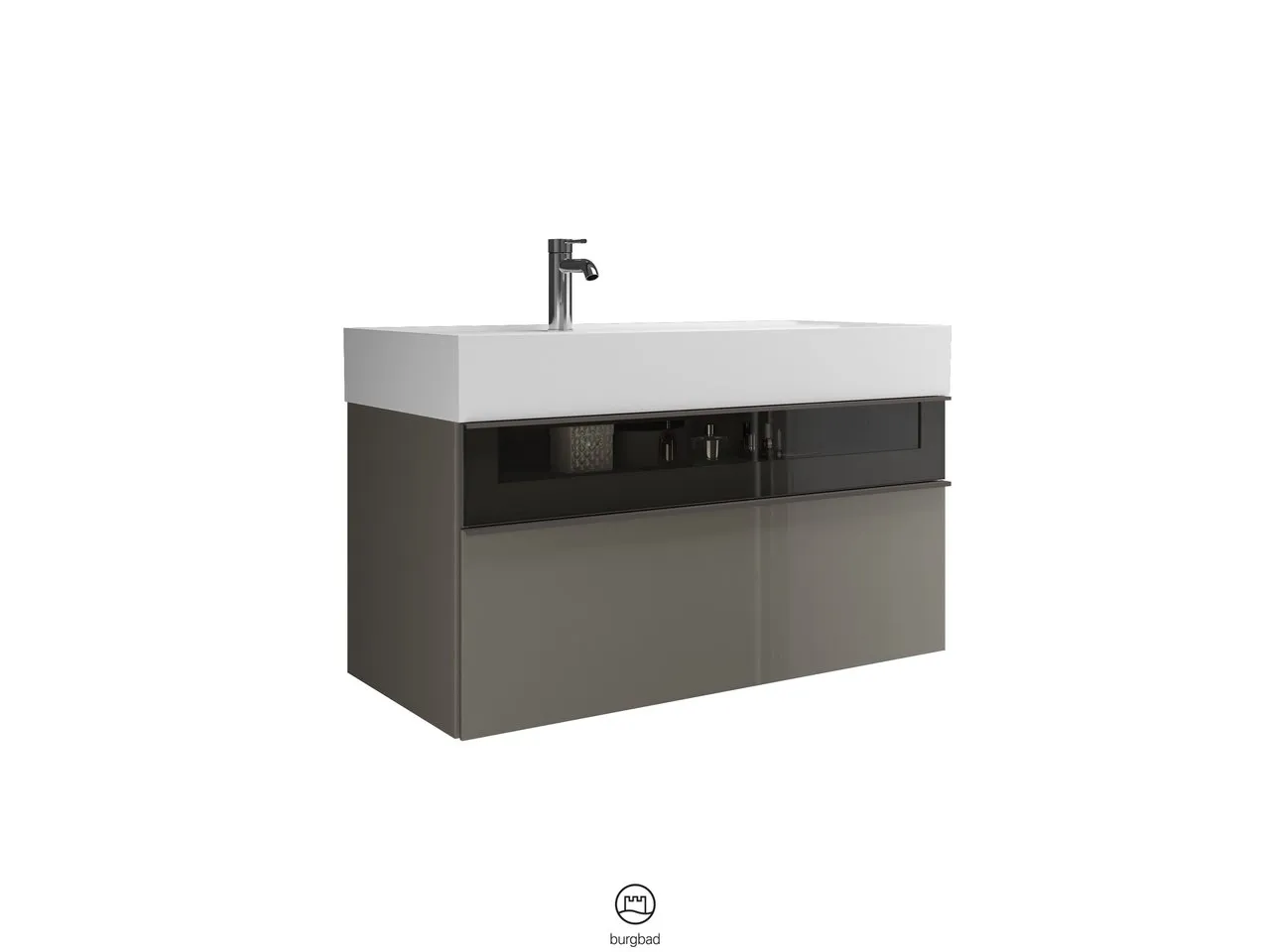 Mi-Waschtisch inkl. WTU Yumo von burgbad – Mineralguss, 470x1015x610 mm, 1 Schublade, 1 Auszug, Rauchglaseinsatz Mi-Waschtisch inkl. WTU Yumo von burgbad – Mineralguss, 470x1015x610 mm, 1 Schublade, 1 Auszug, Rauchglaseinsatz