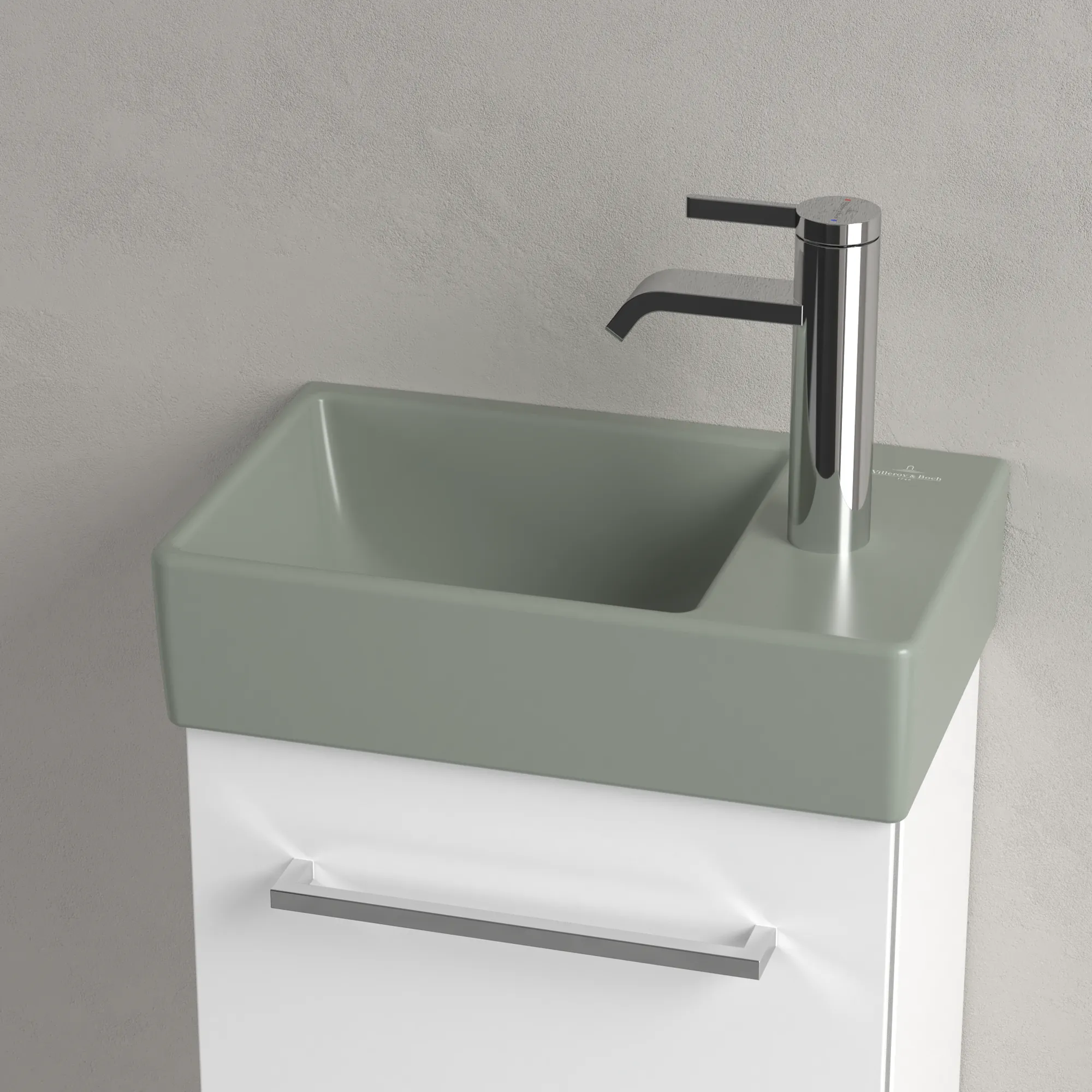 Villeroy & Boch Handwaschbecken „Avento“ 360 × 220 × 110 mm, für Becken links, mit Hahnlochbohrung, Hahnlochposition mittig in Morning Green Villeroy & Boch Handwaschbecken „Avento“ 360 × 220 × 110 mm, für Becken links, mit Hahnlochbohrung, Hahnlochposition mittig in Morning Green
