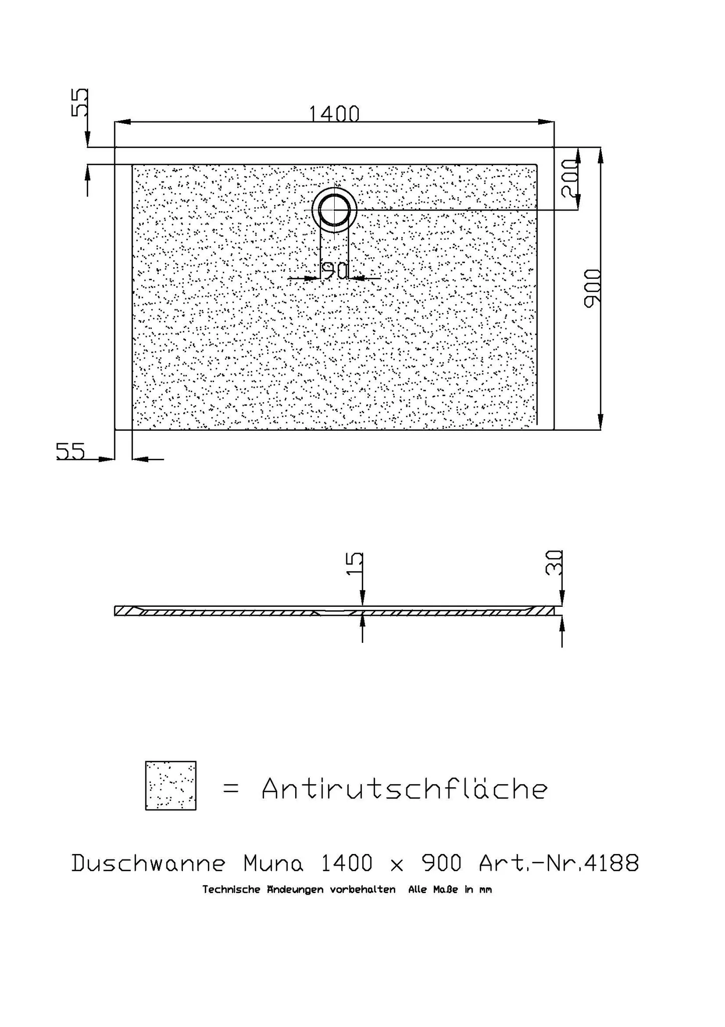 Duschwanne „Muna“ Rechteck 140 × 90 cm in Telegrau