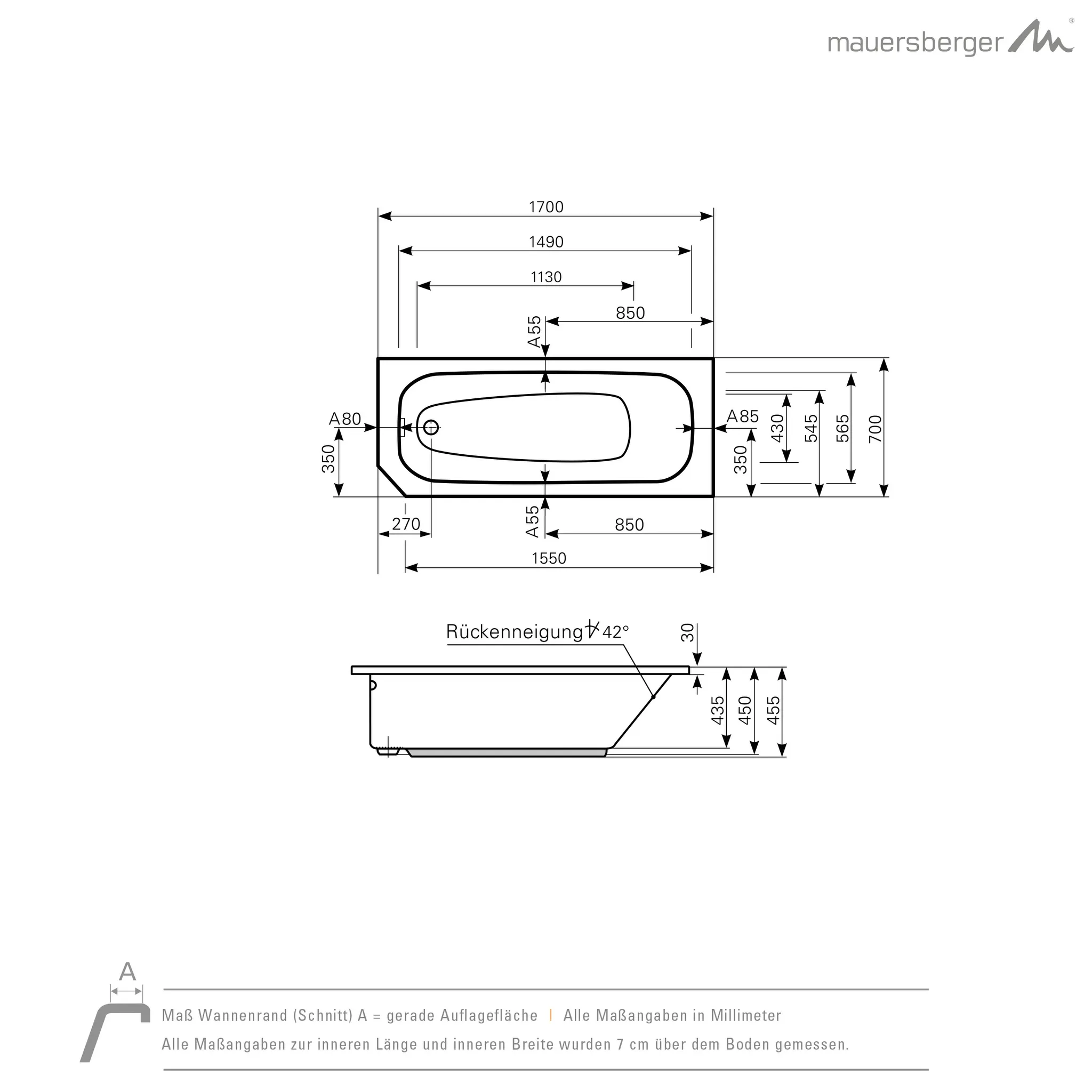 Mauersberger aurea Acryl-Badewanne Kompaktform Aurea 170/70 FL, weiß