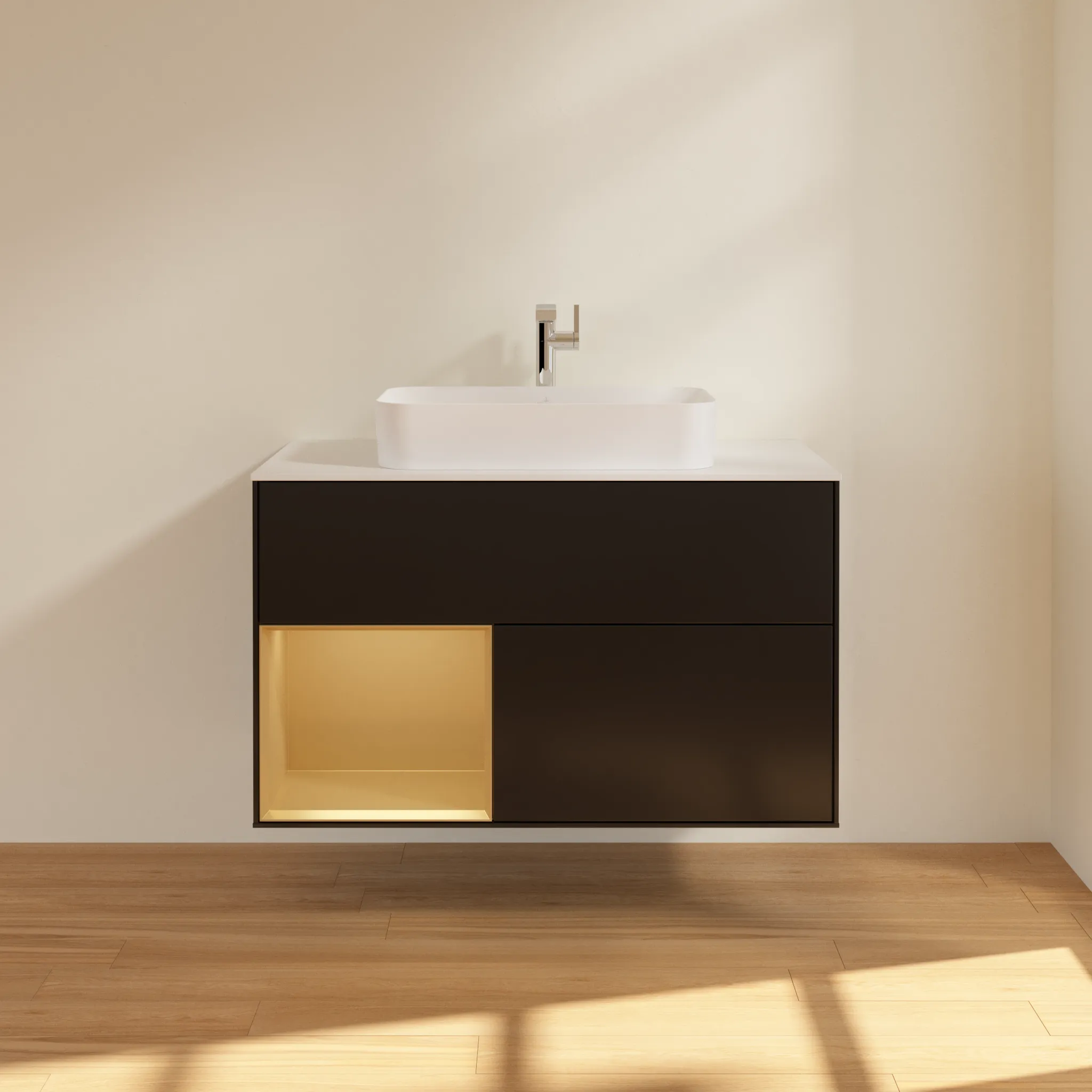 Villeroy & Boch Waschbeckenunterschrank Finion F24, 1000x603x501 mm, Black Matt Lacquer mit Gold Regal, Beleuchtung dimmbar, Push-to-open, SoftClosing