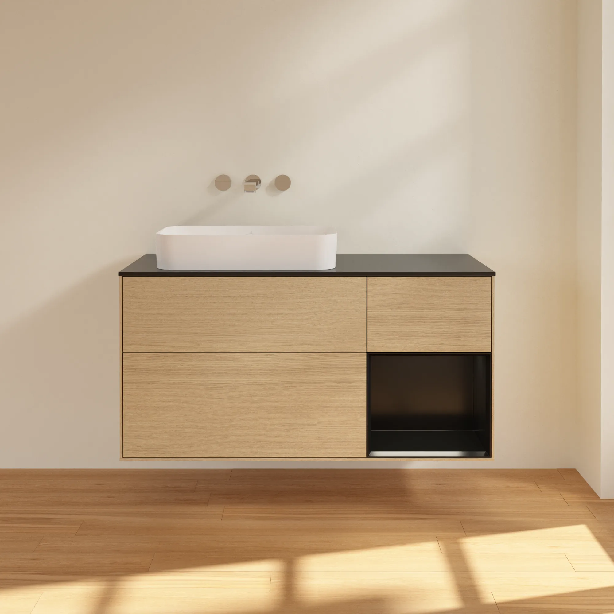 Villeroy & Boch Waschtischunterschrank „Finion“ für Schrankwaschtisch 1200 × 603 × 501 mm Oak Veneer, ohne Hahnlochbohrung, für Becken links Villeroy & Boch Waschtischunterschrank „Finion“ für Schrankwaschtisch 1200 × 603 × 501 mm Oak Veneer, ohne Hahnlochbohrung, für Becken links