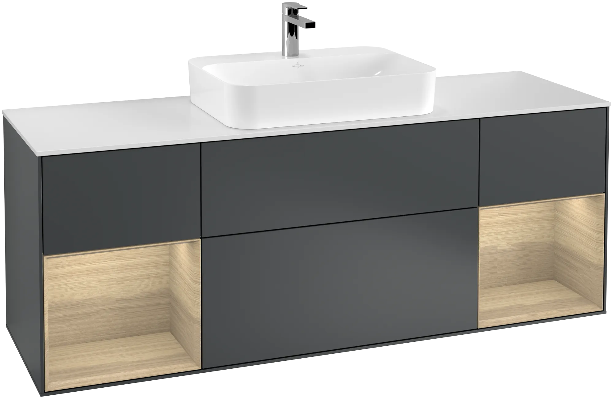 Villeroy & Boch Finion Waschbeckenunterschrank G45, 1600x603x501mm, Midnight Blue Matt Lacquer / Oak Veneer / Glass White Matt