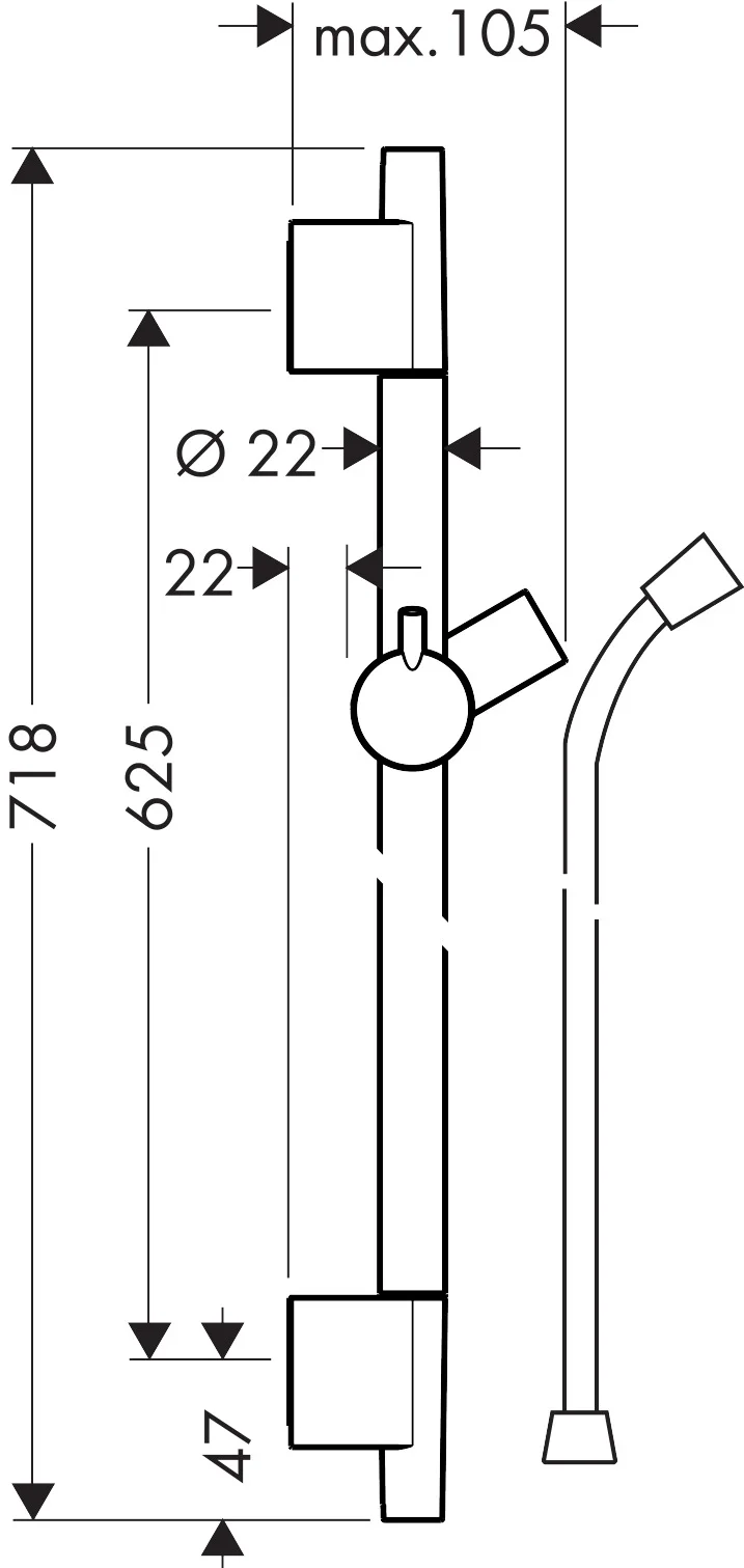 Hansgrohe Unica Brausestange S Puro 65 cm, mattschwarz, Gesamtlänge 718 mm, Bohrabstand 625 mm, Brauseschlauch 160 cm