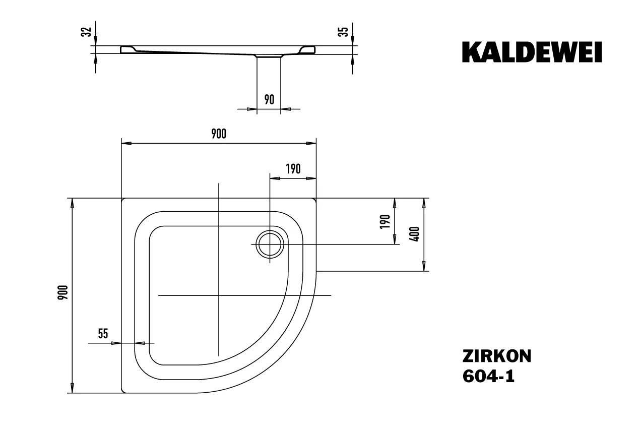 Kaldewei ZIRKON Duschfläche, alpinweiß, 900x900 mm, 35 mm tief, Viertelkreisform, erhöhter Einbau