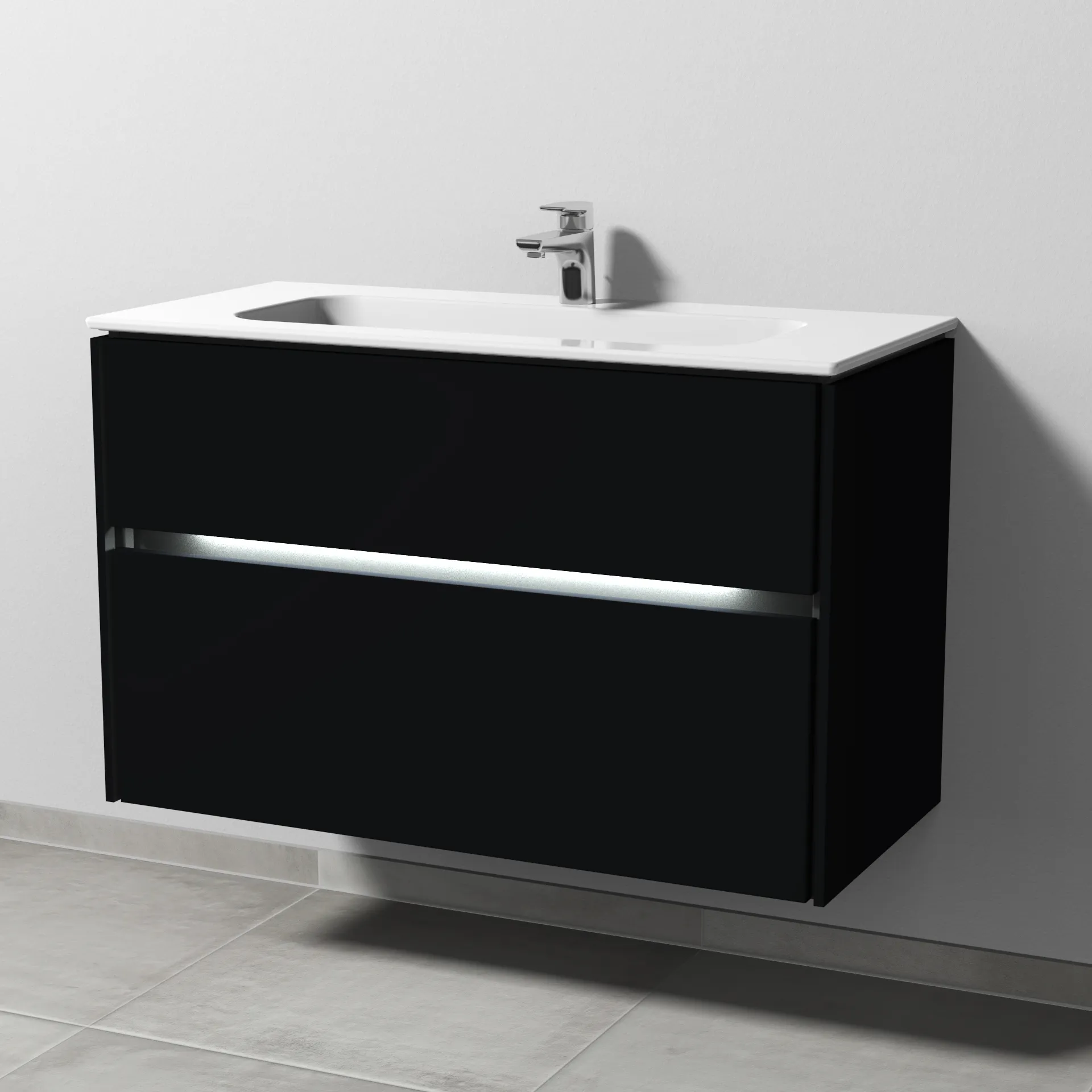 Keramik-Waschtisch-Set mit Waschtischunterschrank „Twiga“ 99 × 46 × 61 cm in Schwarz (matt), mit Hahnlochbohrung, mit Beleuchtung Keramik-Waschtisch-Set mit Waschtischunterschrank „Twiga“ 99 × 46 × 61 cm in Schwarz (matt), mit Hahnlochbohrung, mit Beleuchtung