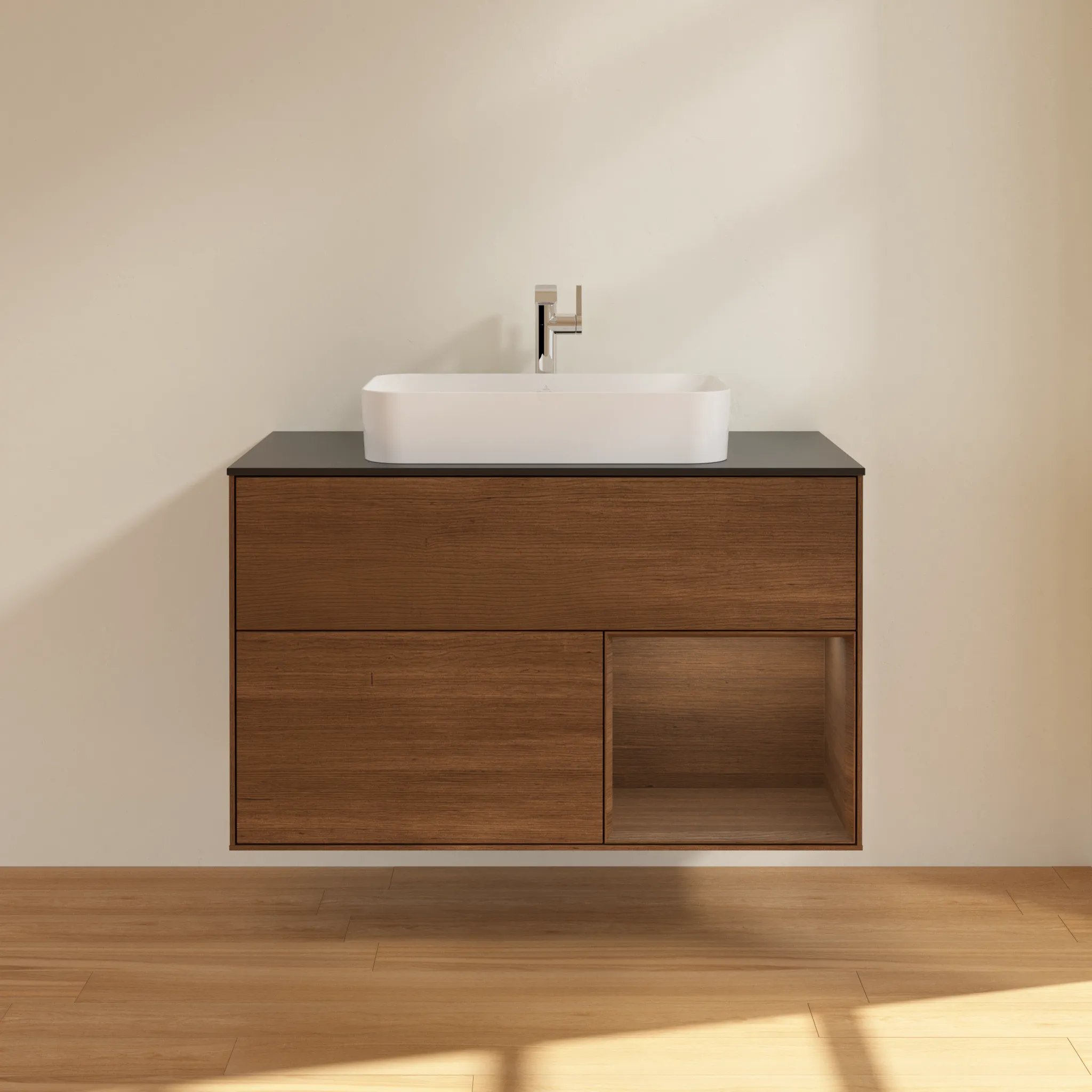 Villeroy & Boch Waschtischunterschrank „Finion“ für Schrankwaschtisch 1000 × 603 × 501 mm Walnut Veneer, mit Hahnlochbohrung, für Becken mittig