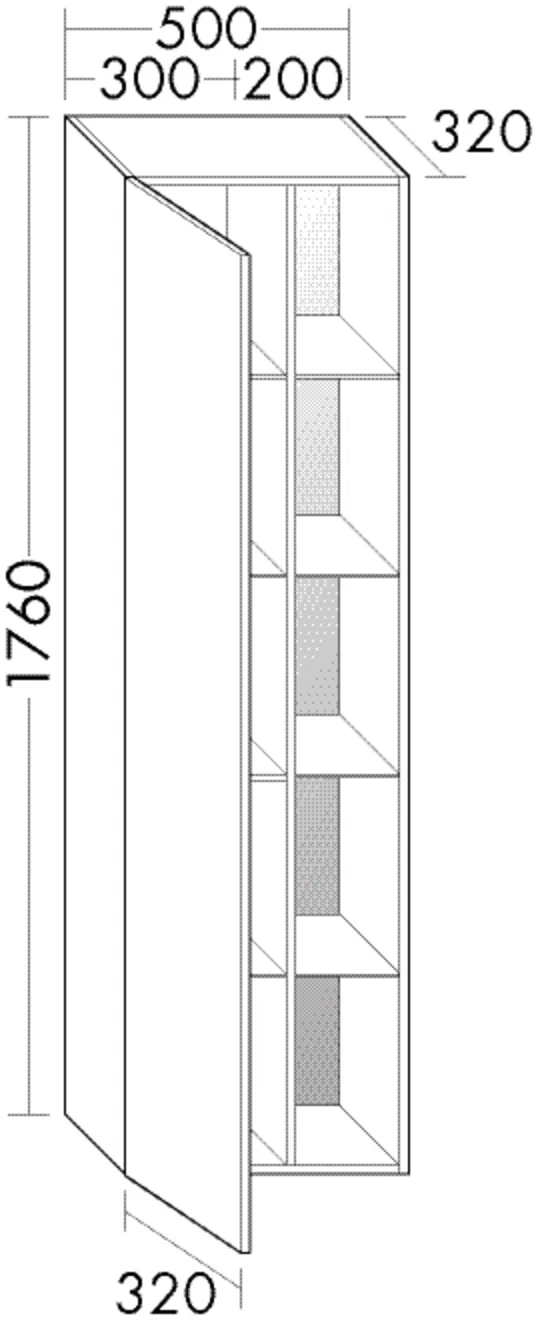 Hochschrank, 1 Tür, wird durch Überstand geöffnet;4 Glaseinlegeböden;1 Regal mit 4 Einlegeböden;1 Mittelseite, Tiefe: 320 mm, Breite: 500 mm, Höhe: 1760 mm Hochschrank, 1 Tür, wird durch Überstand geöffnet;4 Glaseinlegeböden;1 Regal mit 4 Einlegeböden;1 Mittelseite, Tiefe: 320 mm, Breite: 500 mm, Höhe: 1760 mm