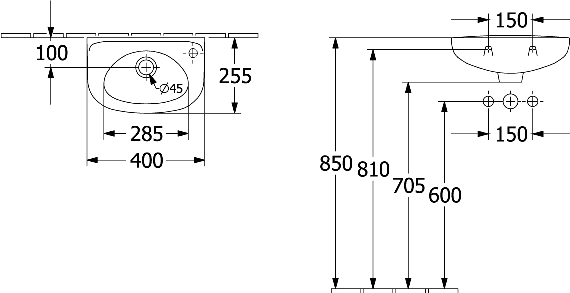 Villeroy & Boch Waschbecken „Newo“ 400 × 250 × 145 mm, Hahnlochposition rechts in Weiß Alpin