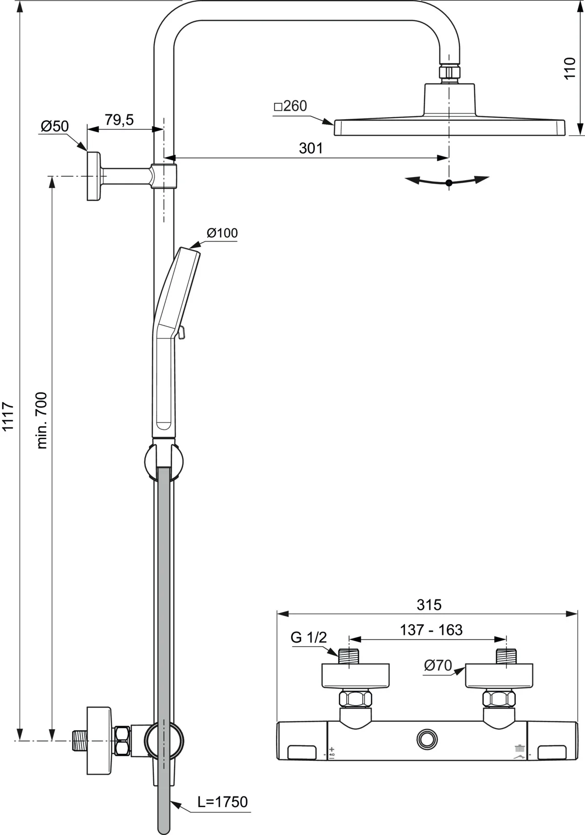 Ideal Standard Ceratherm T25+ Duschsystem mit eckiger Kopfbrause in Chrom, 8 Liter pro Minute, für den professionellen Einsatz