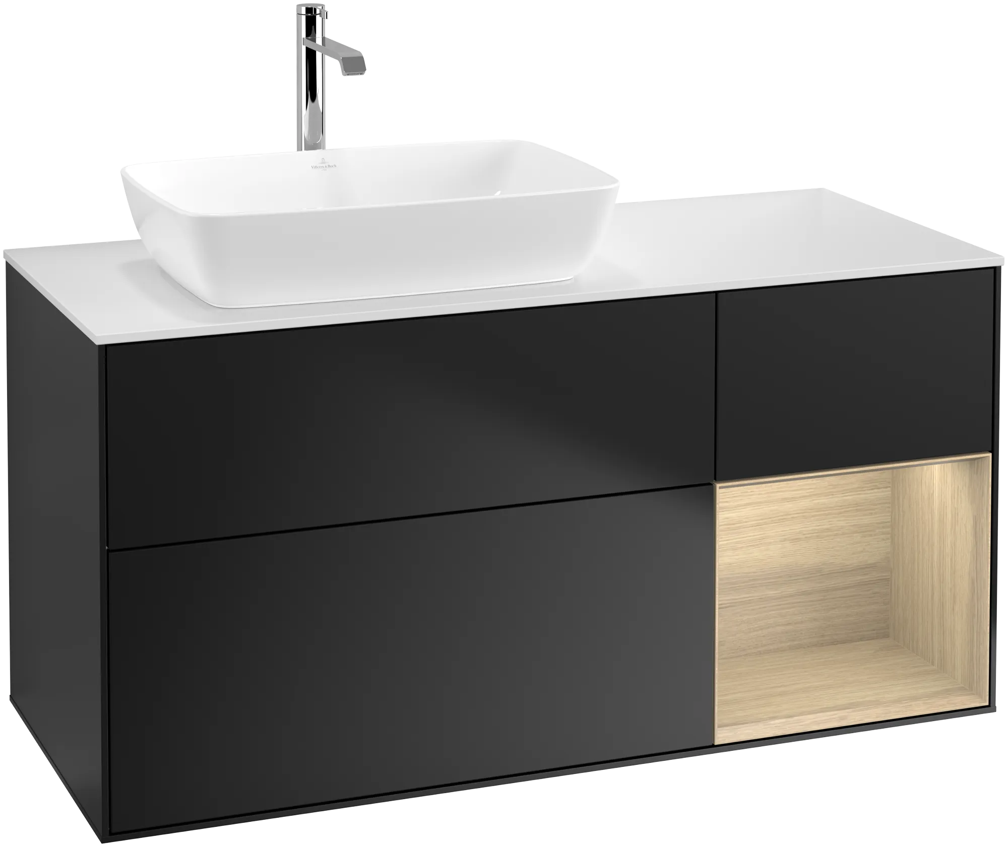 Villeroy & Boch Finion Waschbeckenunterschrank F81, 1200x603x501mm, Black Matt Lacquer / Oak Veneer / Glass White Matt