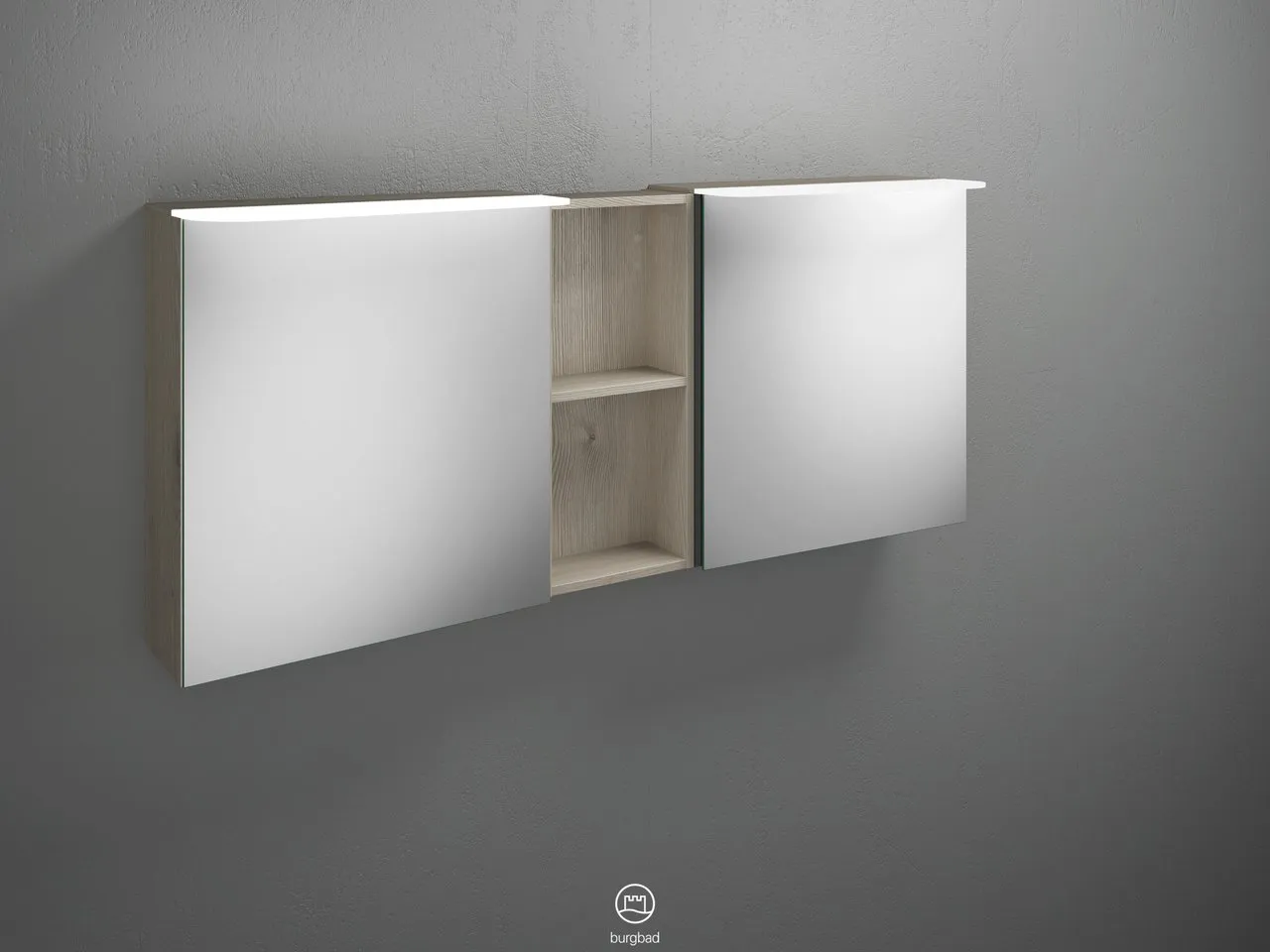 Badu Spiegelschrank SFTY150 von burgbad – 310 mm tief, 1.500 mm breit, 665 mm hoch, beidseitig verspiegelt mit LED-Aufsatzleuchten und Regal Badu Spiegelschrank SFTY150 von burgbad – 310 mm tief, 1.500 mm breit, 665 mm hoch, beidseitig verspiegelt mit LED-Aufsatzleuchten und Regal