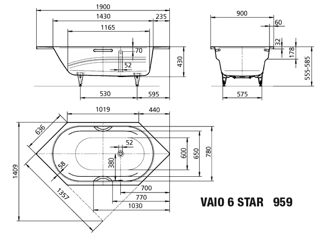 Kaldewei VAIO 6 STAR Badewanne, 1900x900 mm, manhattan, Sonderüberlauf