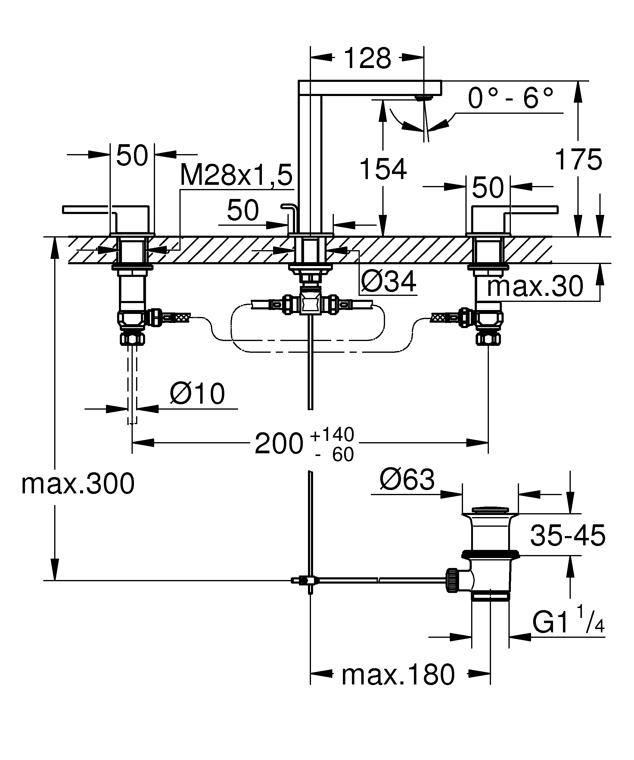 3-Loch-Waschtischbatterie Plus 20301_3, Zugstangen-Ablaufgarnitur 1 1/4″, chrom