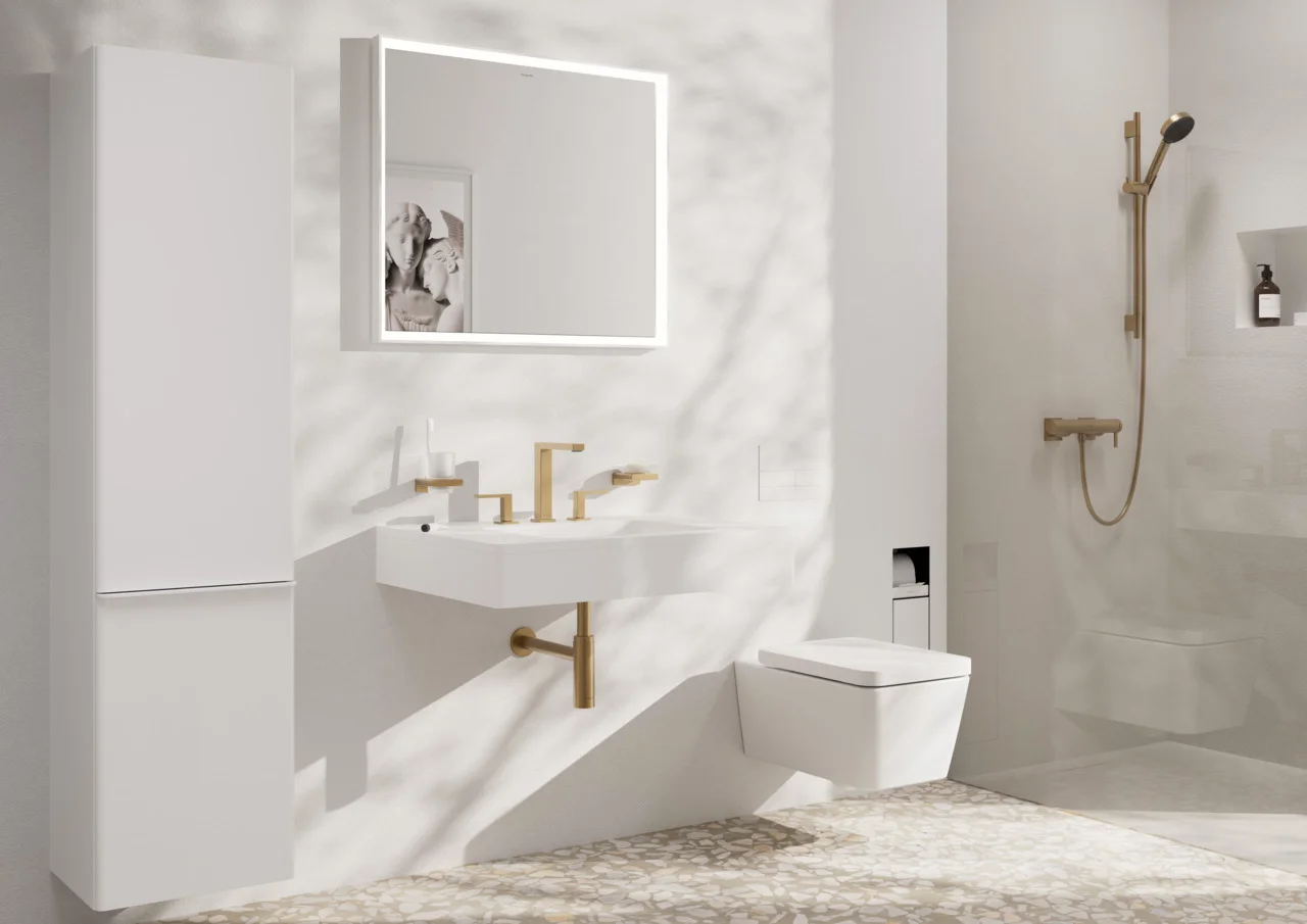 Hansgrohe Tecturis E 3-Loch Waschtischarmatur 150 EcoSmart+ mit Push-Open Ablaufgarnitur, Brushed Bronze