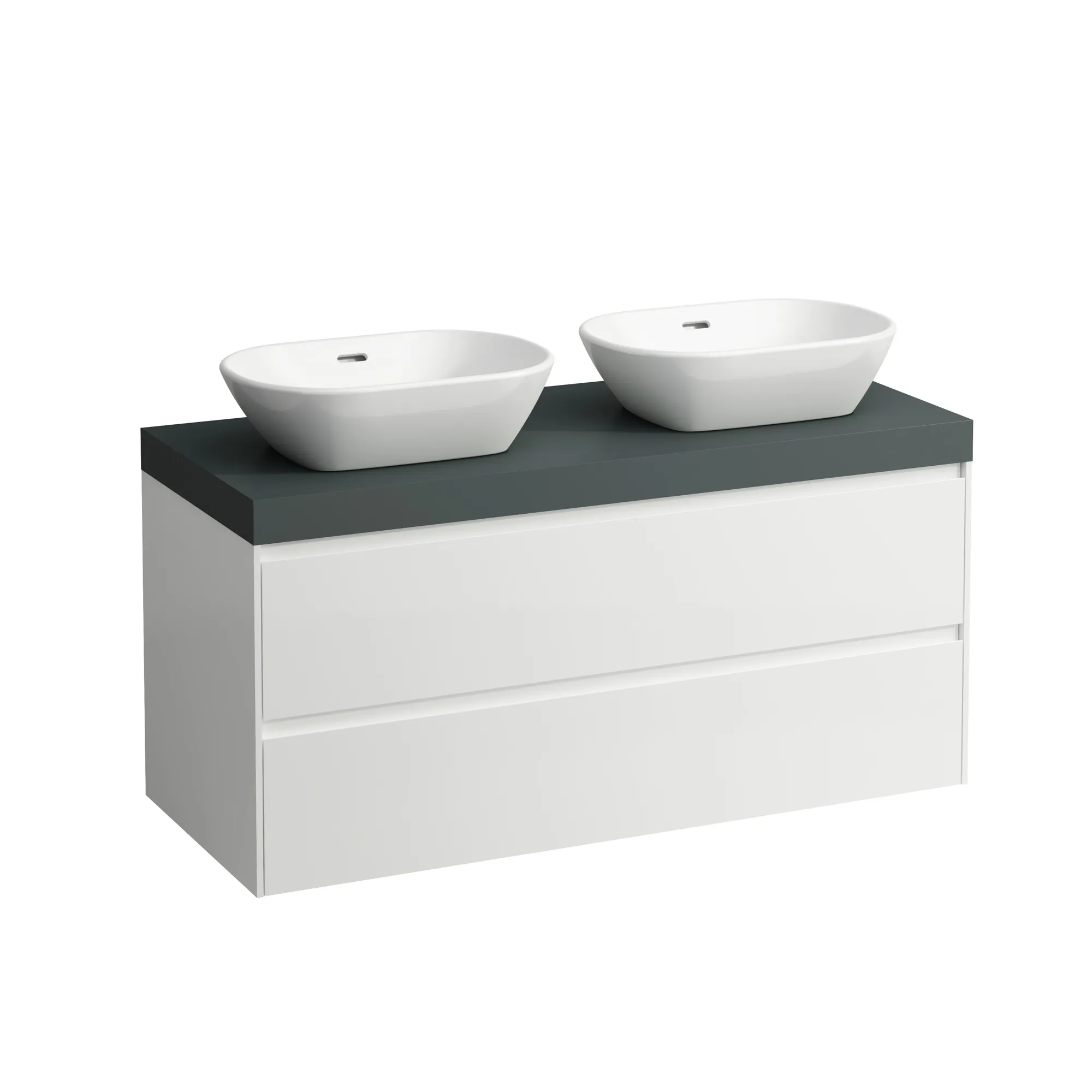 Waschtischunterbau+Waschtischplatte (MODULAR SYSTEM) LANI 495x1185x580 mit Ausschnitt rechts und links Abdeckplatte 65 mm (Farbe: .266 verkehrsgrau), mit 2 Schubladen integrierter Griffleiste Vollauszug und Soft-Close weiß matt