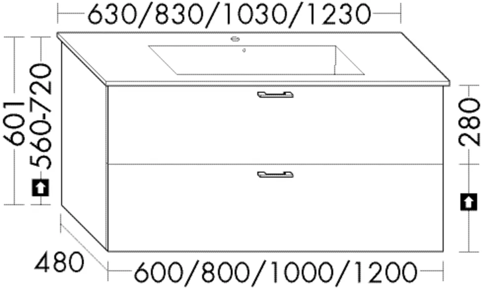 Waschtischunterschrank Sys30 von burgbad – 1 Schublade oben, 1 Auszug unten, 480 mm tief, 600 mm breit, 601 mm hoch