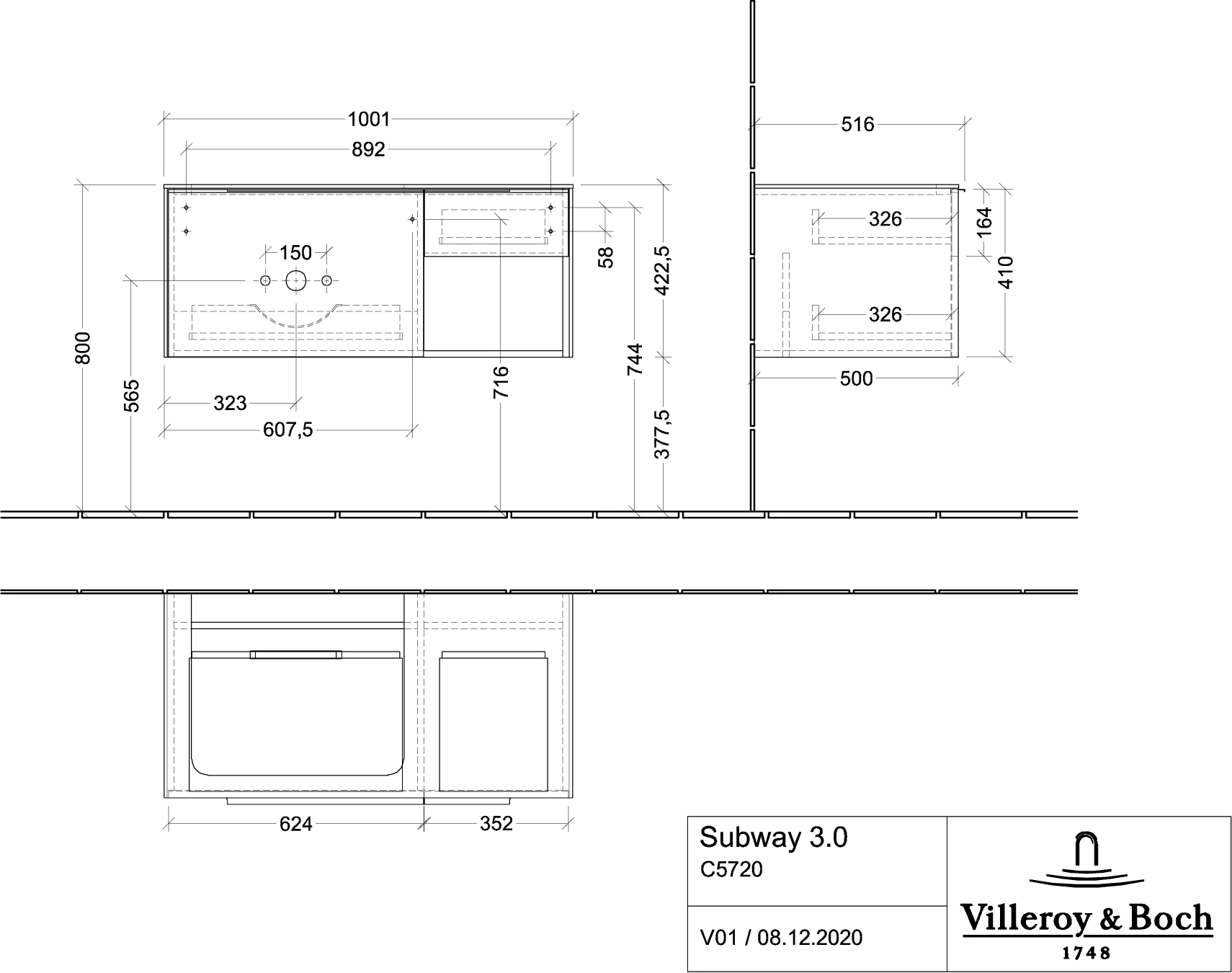 Villeroy & Boch Subway 3.0 Waschbeckenunterschrank C57200, 1001x423x516 mm, links
