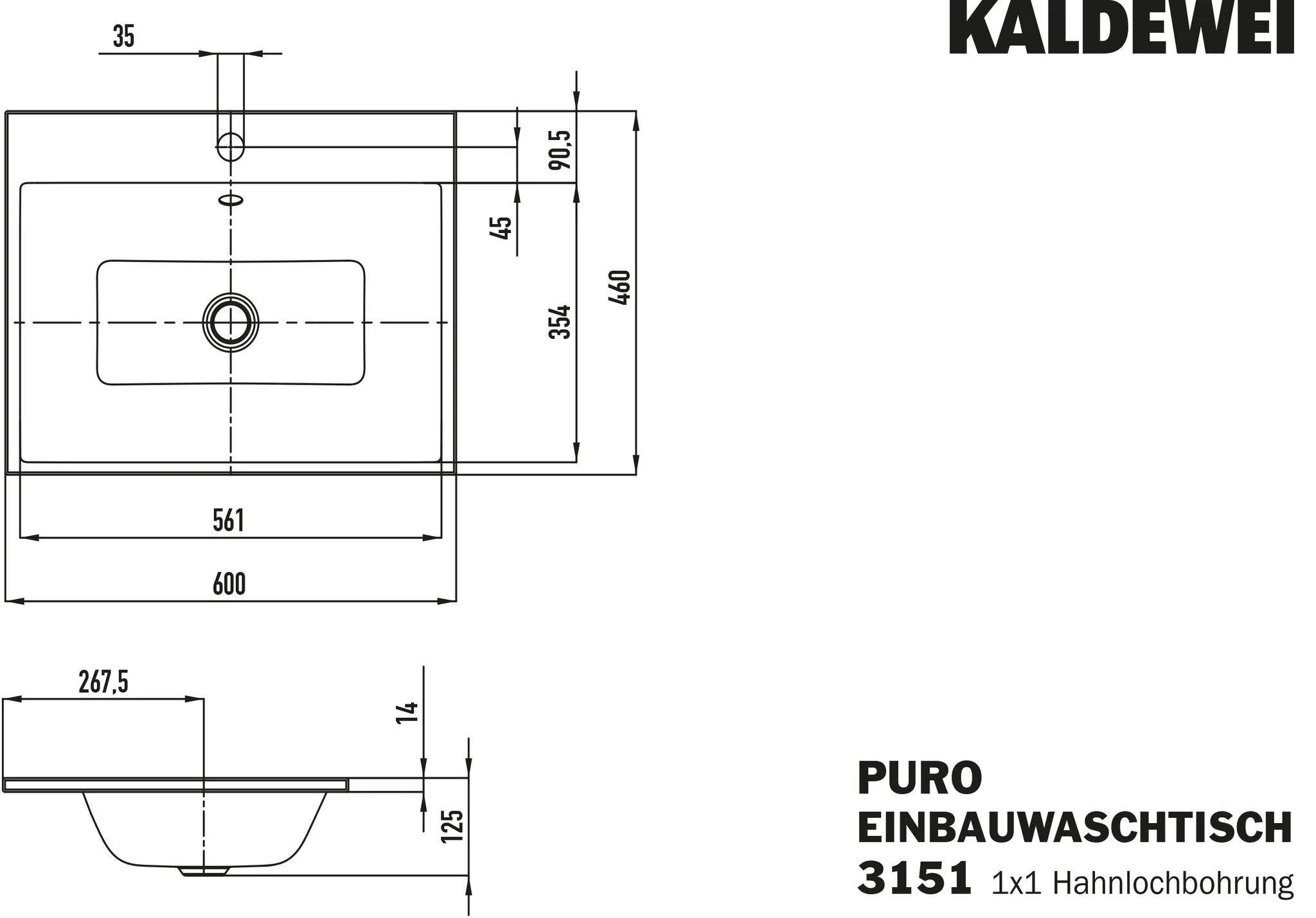 Kaldewei Einbauwaschtisch PURO mit 1 Hahnlochbohrung und Überlauf, 600 x 460 mm in Pergamon