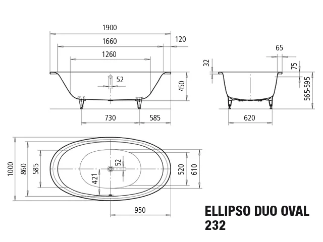 Kaldewei ELLIPSO DUO OVAL Badewanne, oval, 1900 x 1000 mm, schwarz, mit Griffloch, Antislip