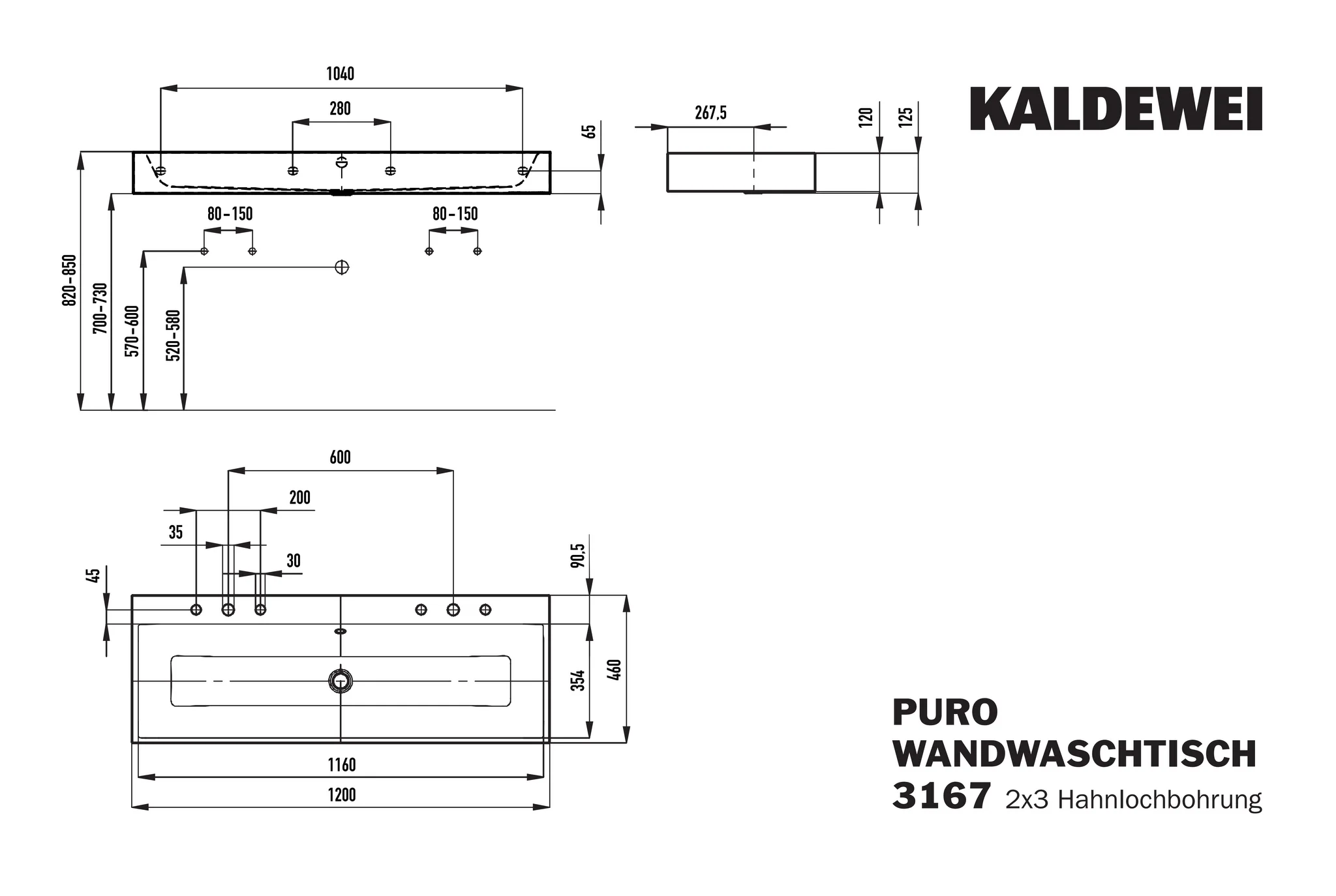 Kaldewei PURO Wand-Doppelwaschtisch, 1200x460 mm, warm grey 10, Perl-Effekt, Antidröhn, 2x3HL, mit Überlauf, chrom