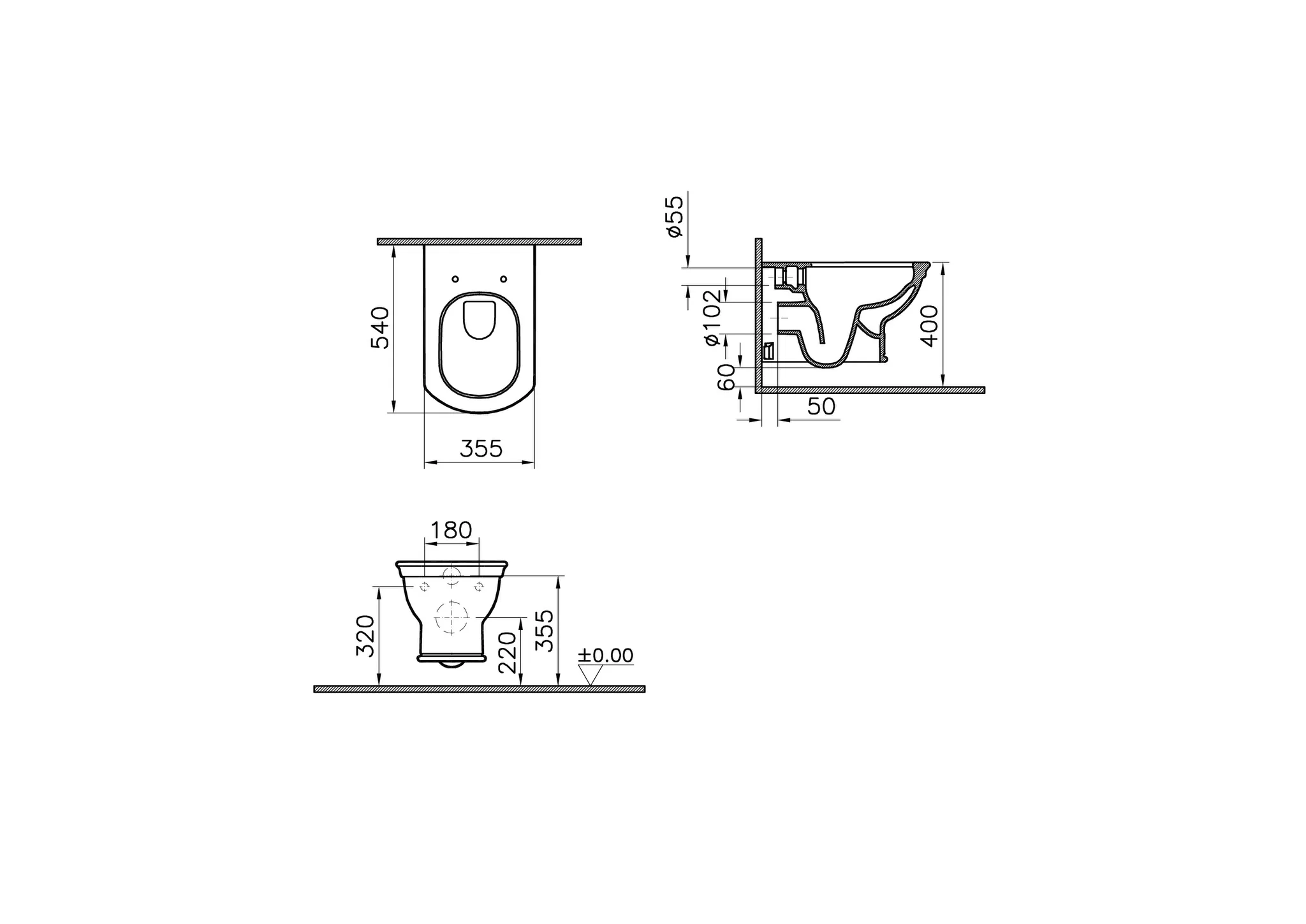 Valarte Tiefspüler-Wand-WC Flush 2.0 ohne Spülrand mit verdeckter Befestigung V-Fit 2.0 36 x 54 cm Weiß Hochglanz mit Oberfächenveredelung Clean