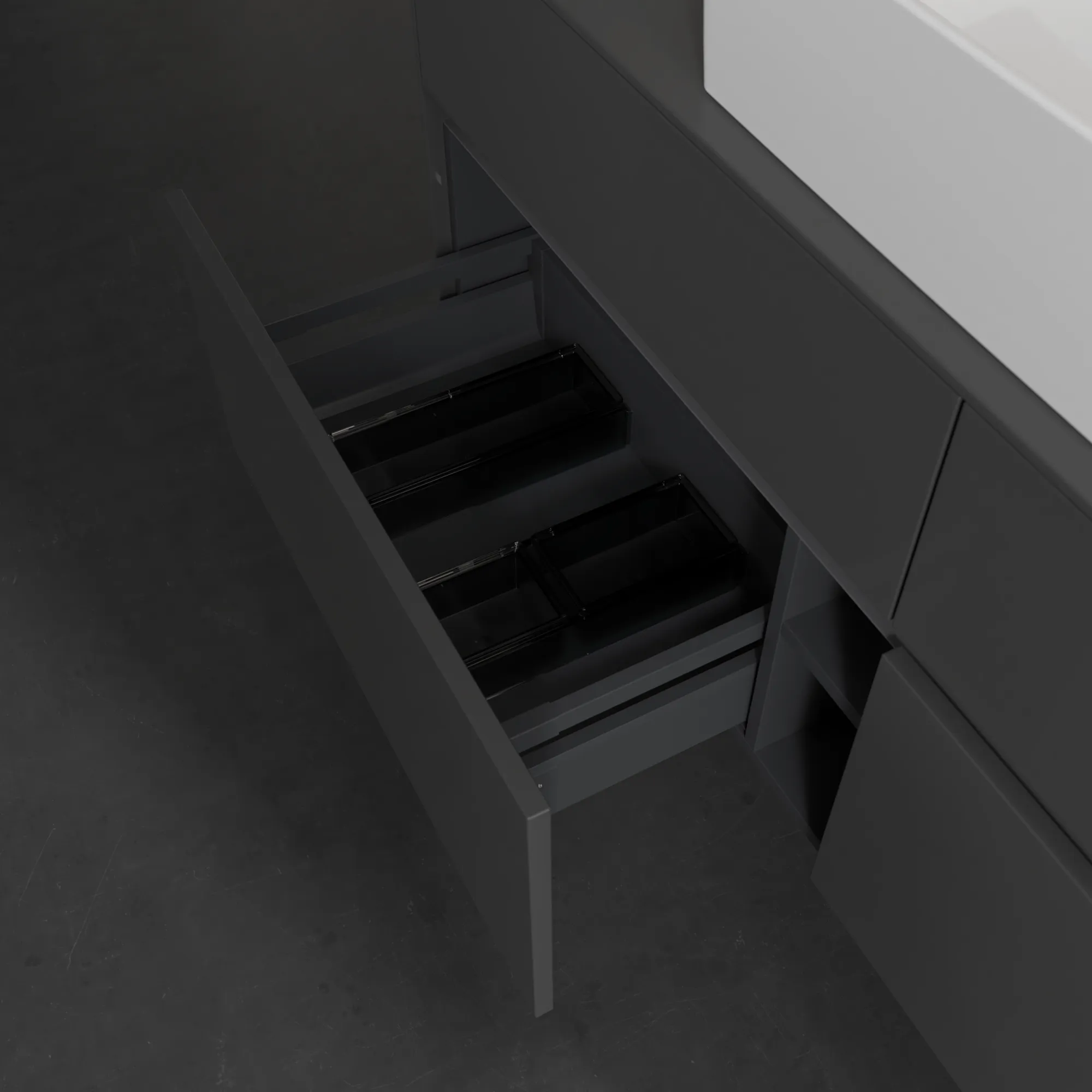 Villeroy & Boch Waschbeckenunterschrank Collaro C13100, Eckig Glossy Grey, 1400x548x500 mm, 4 Auszüge mit SoftClosing, mittige Wanneneinbauposition Villeroy & Boch Waschbeckenunterschrank Collaro C13100, Eckig Glossy Grey, 1400x548x500 mm, 4 Auszüge mit SoftClosing, mittige Wanneneinbauposition