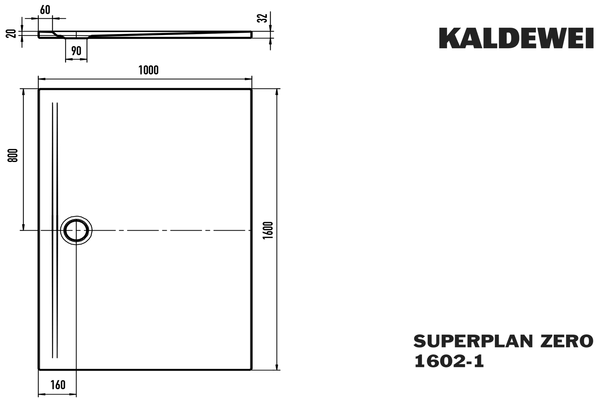 Kaldewei SUPERPLAN ZERO Duschfläche, alpinweiß, 1000 x 1600 mm, bodeneben, 3-seitig begehbar