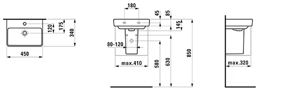 Handwaschbecken PRO S 340x450x145 1 Hahnloch mit Überlauf weiß