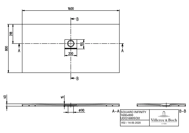 Villeroy & Boch rechteck Duschwanne „Squaro Infinity“ 160 × 80 cm