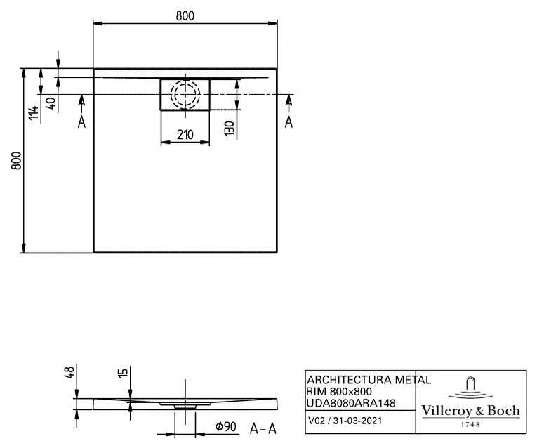 Villeroy & Boch quadrat Duschwanne „Architectura MetalRim“ 80 × 80 cm mit Antirutsch (VILBOgrip), in Weiß Alpin