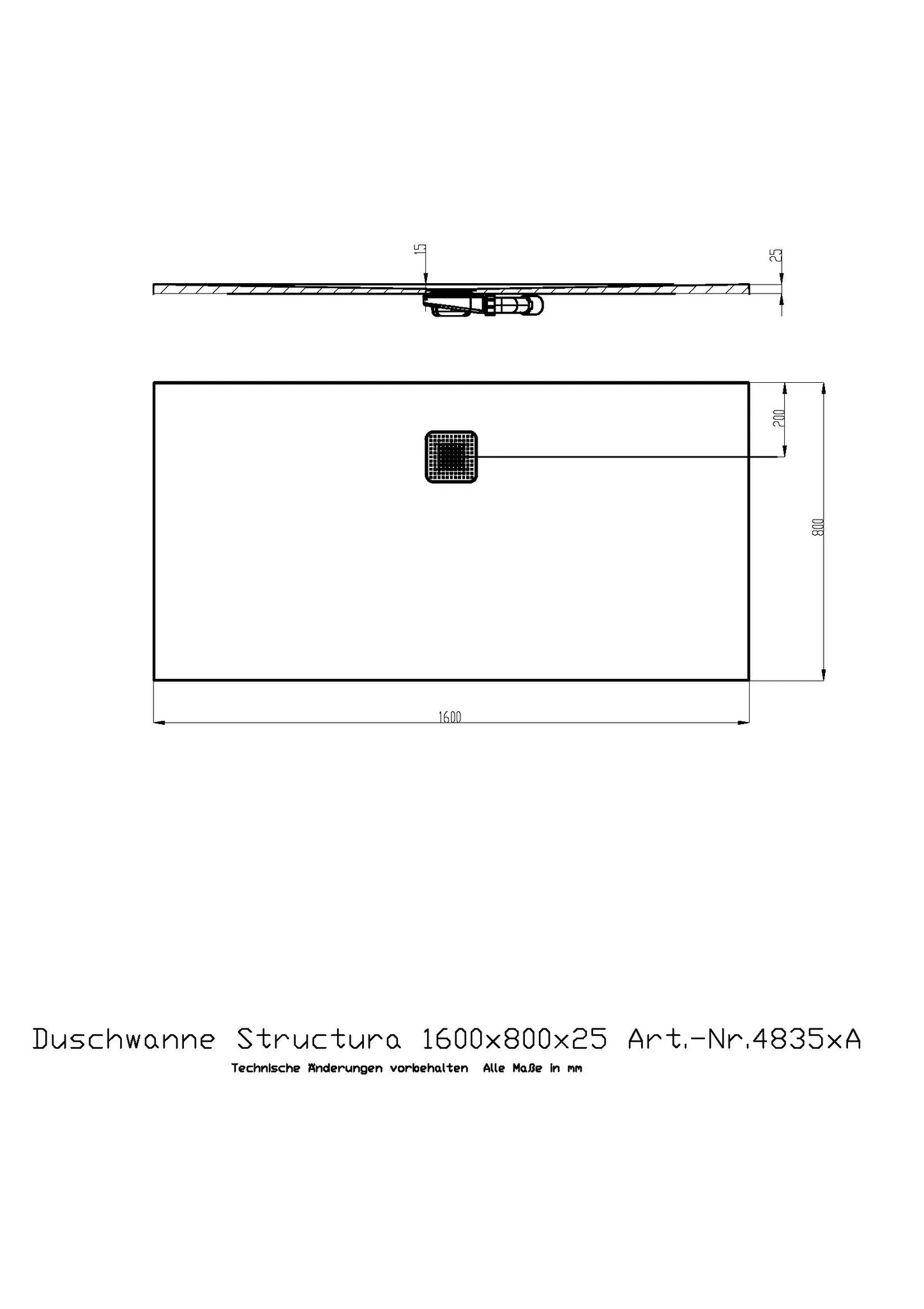 Duschwanne Structura 1600x800x25 in gesoftete Schieferoptik, mit Antirutsch B, Material Solique, Weiß