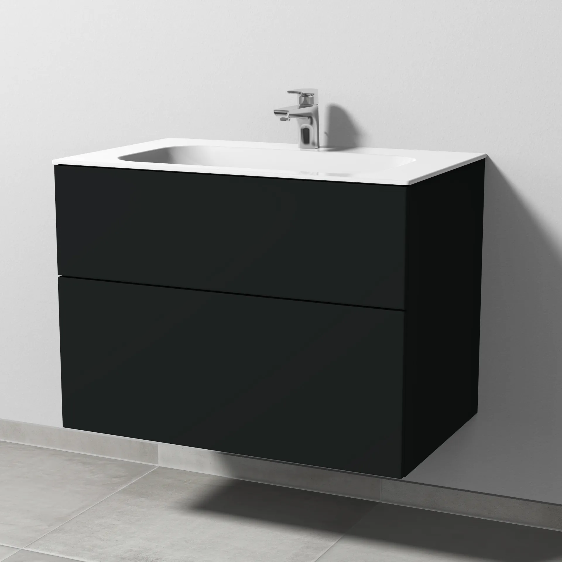 Keramik-Waschtisch-Set mit Waschtischunterschrank „3way“ 79 × 49,7 × 58,2 cm in Vulkan (matt), mit Hahnlochbohrung, Becken mittig