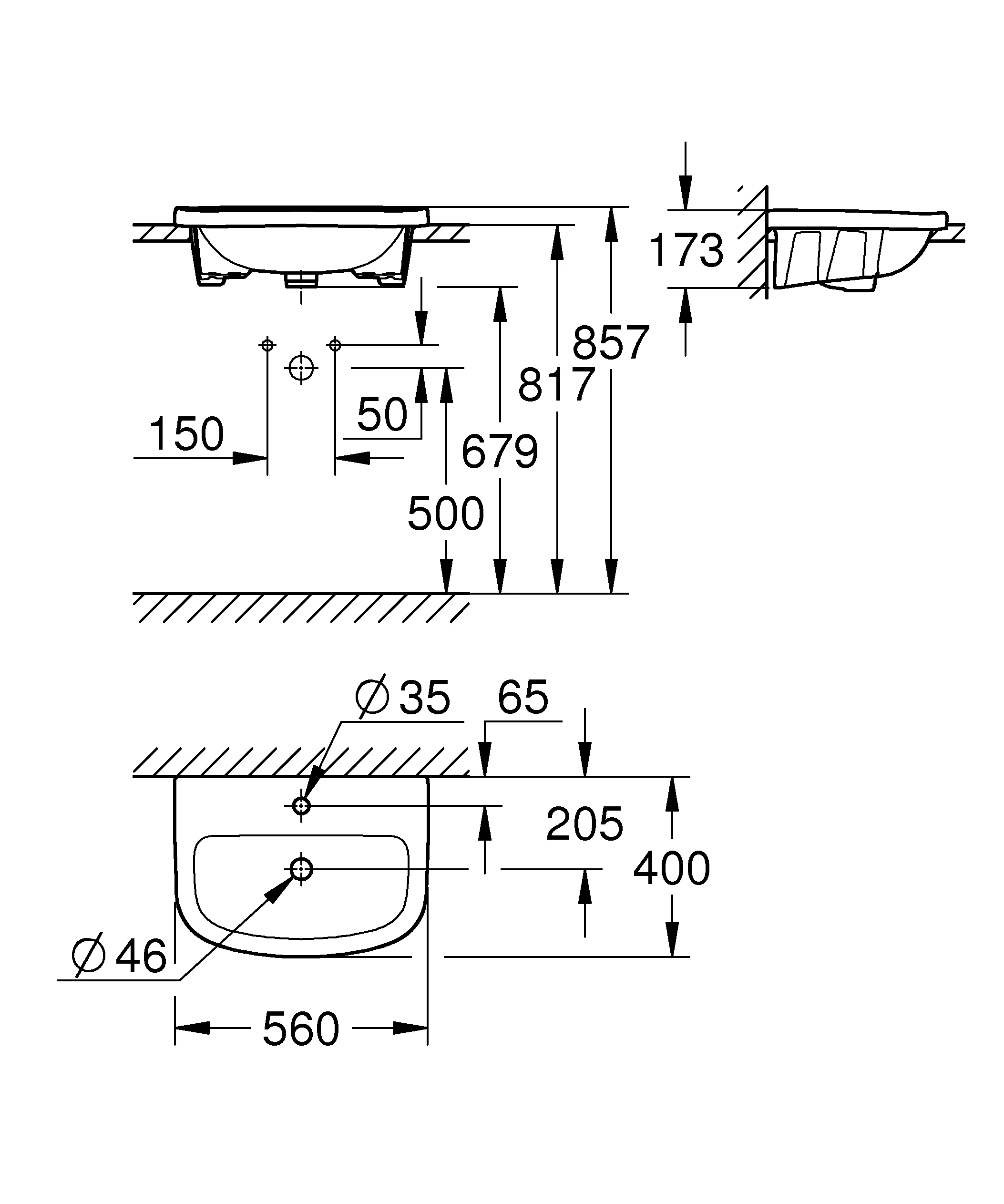 Einbauwaschtisch Bau Keramik 39422, 560 x 400 mm, Einbau von oben, 1 Hahnloch, mit Überlauf, aus Sanitärkeramik, alpinweiß