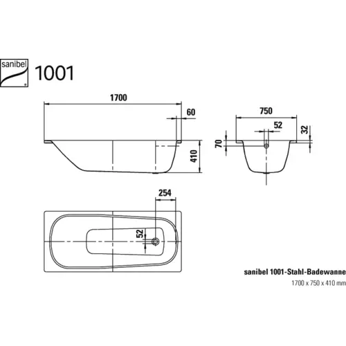 Badundu Badewanne rechteck 1700 × 750 mm, Fußablauf